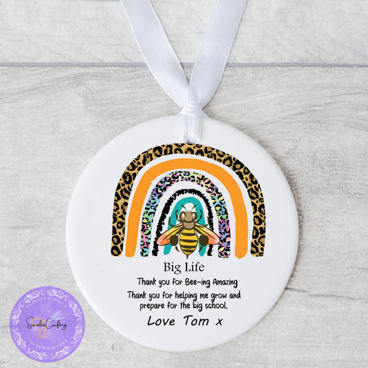Peronalised Bee Rainbow Nursery teacher, practitioner hanging keepsake plaque, Thank you keepsake gift, childminders ornament gift