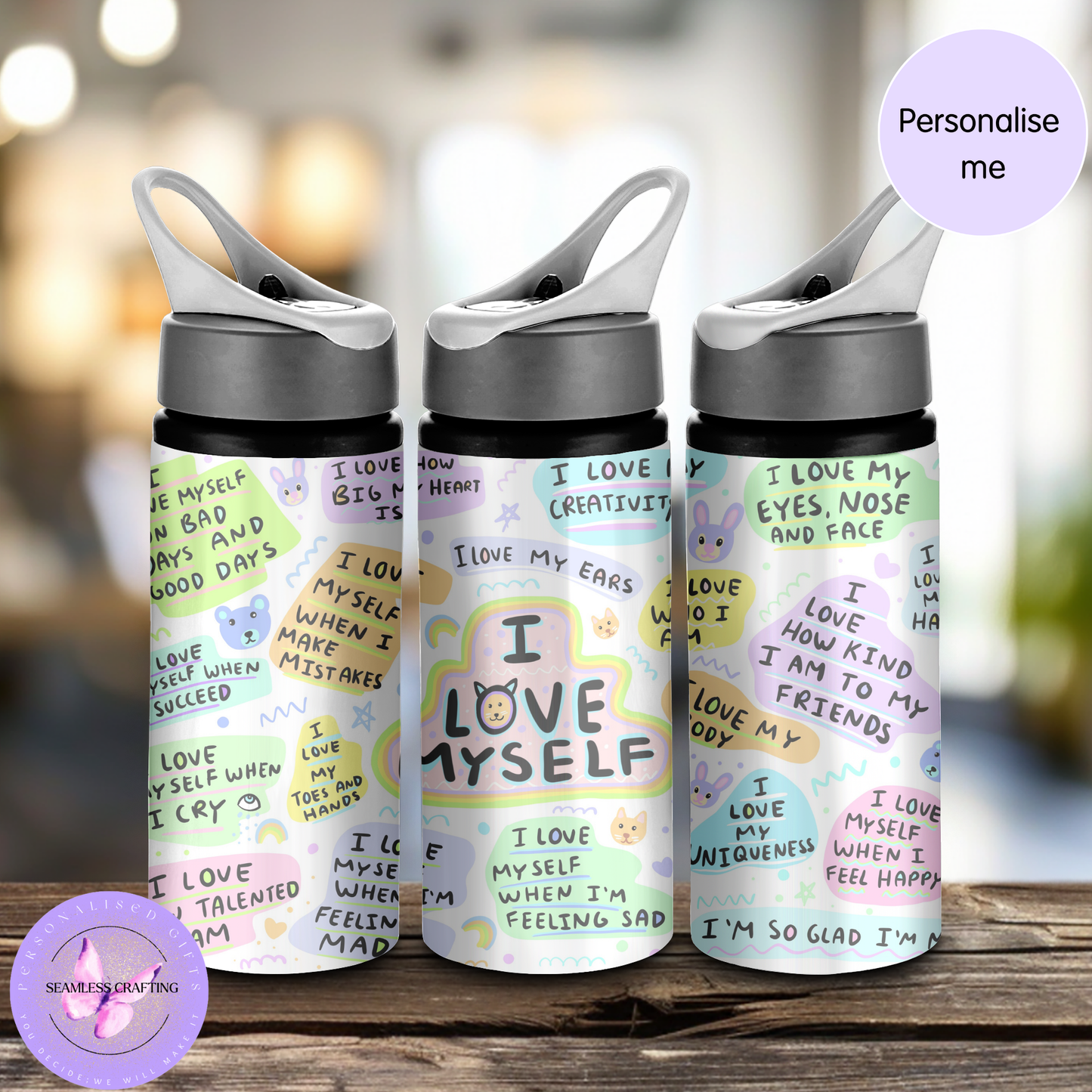 Personalised Kids Self Love Affirmation Water Bottle 600ml Aluminium BPA-Free with Straw