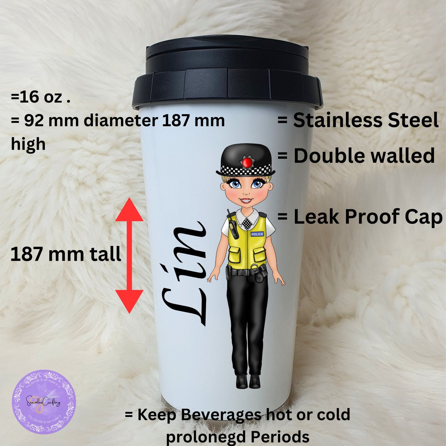 Personalised Female police officer travel mug, Police Lady gifts, New PCSO, Copper coffee cup, Build your character, Travel Thermos mug
