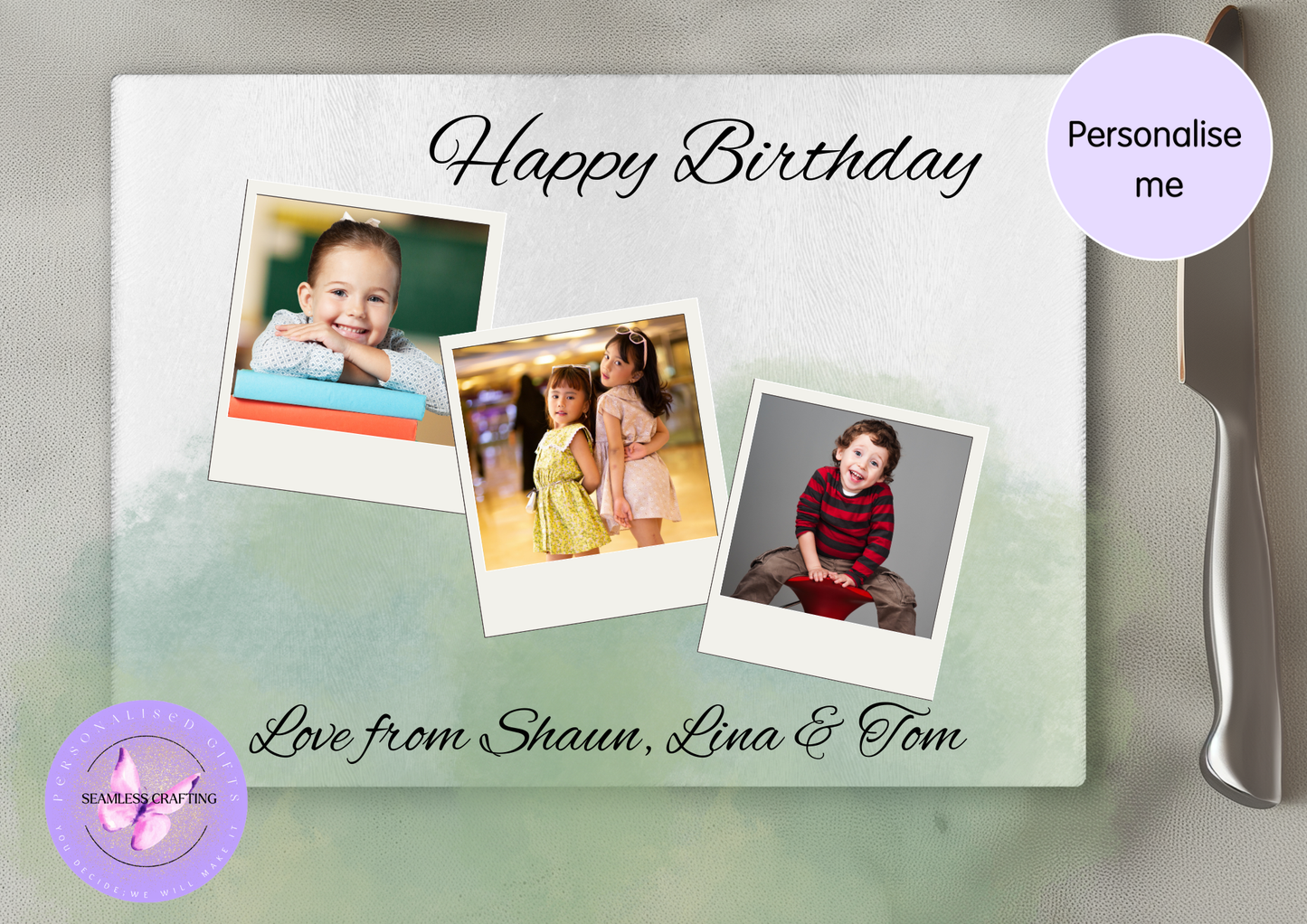 Personalised Glass Chopping Board with Photos – Custom Family Photo Cutting Board Gift UK (2 Sizes Available)