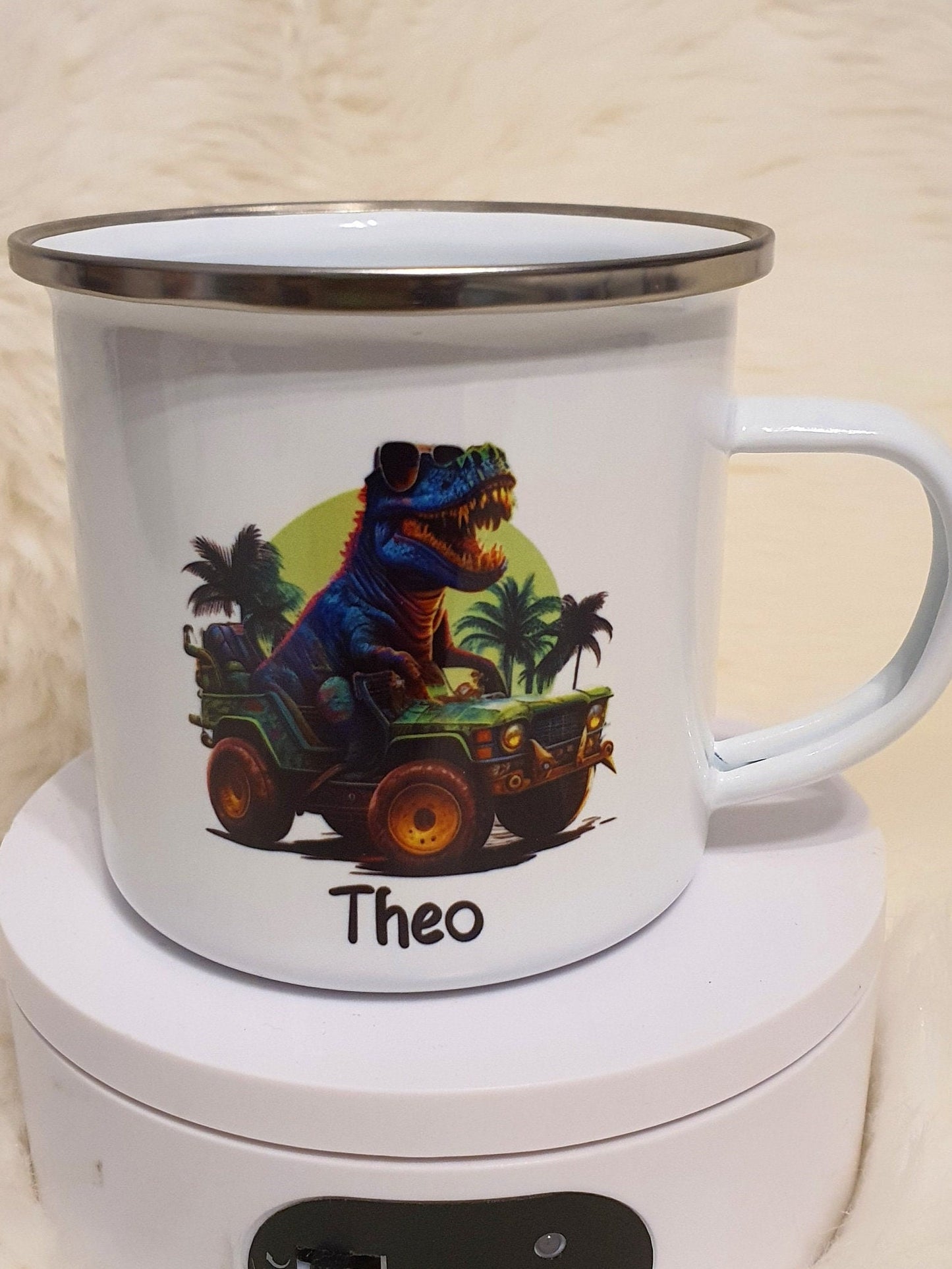 Personalised  Enamel Mug Trex- Dinosaur Truck, Fire Engine Enamel Mug, Choice of Design, Personalise Name Mug, Gift For Kids