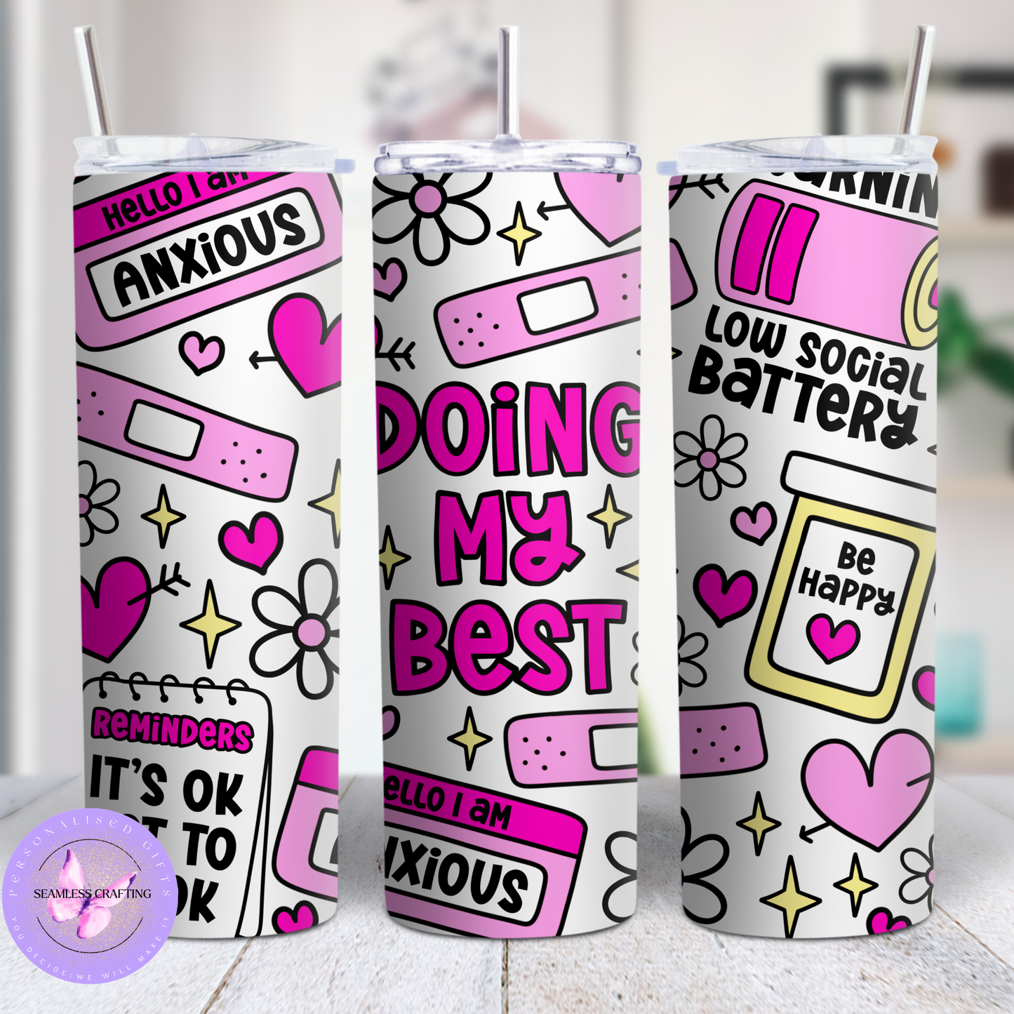 mental health affirmation tumbler low social battery design with metal straw