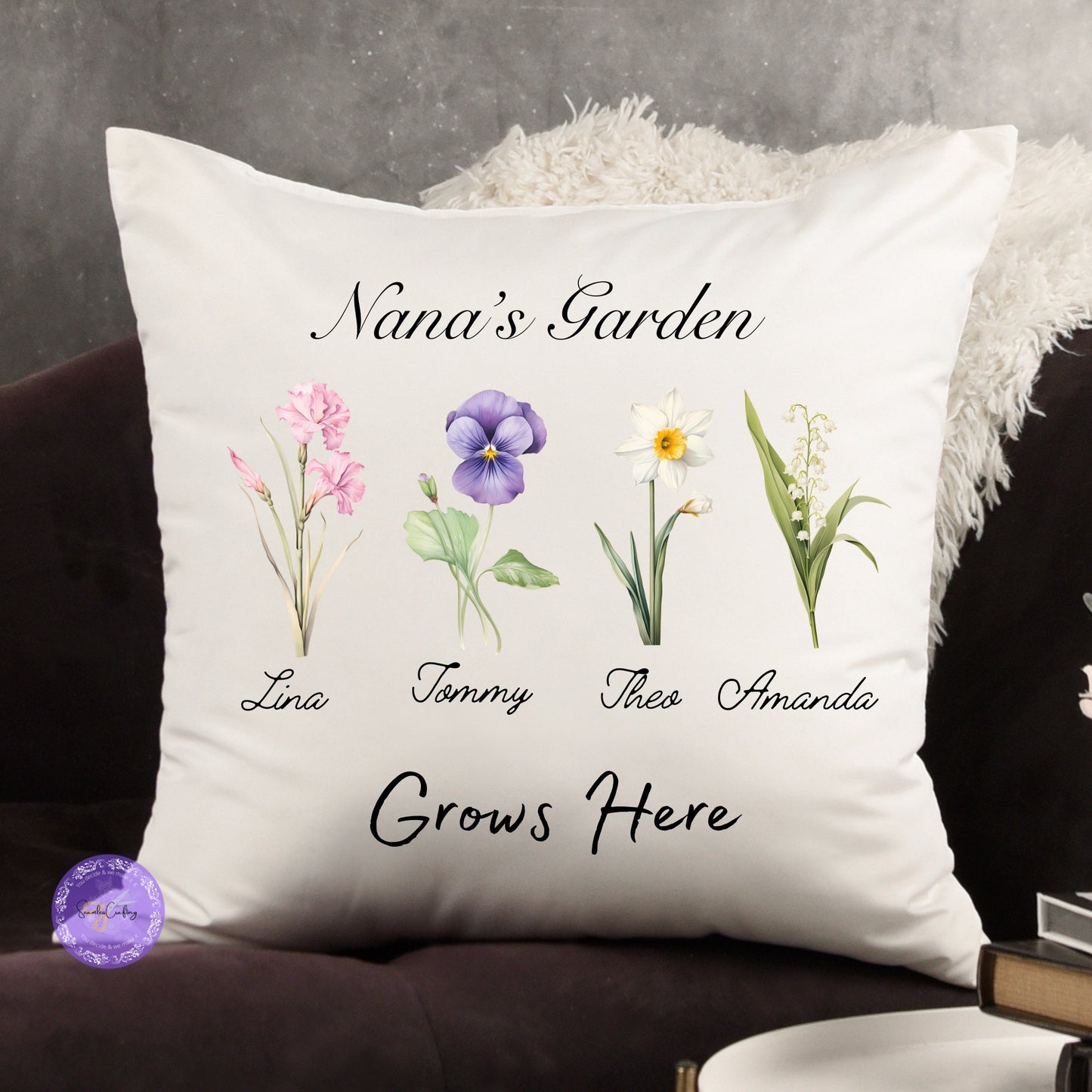 Personalised Mum's Grandma's Garden pillow, Flower name cushion, custom familly name,  Cushion cover birth flower, Mother's Day gift