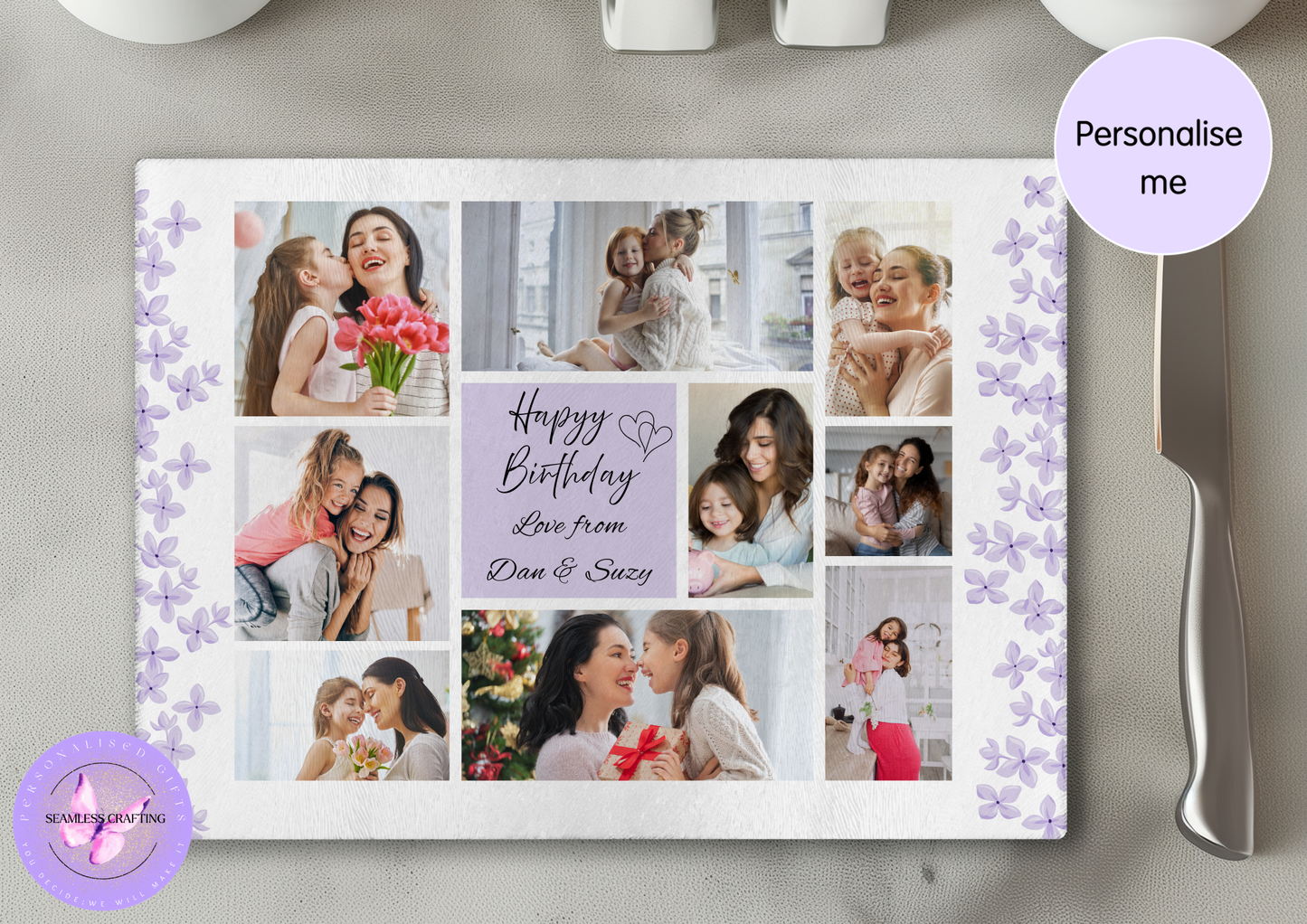 Personalized photo collage with family images on a decorative board.