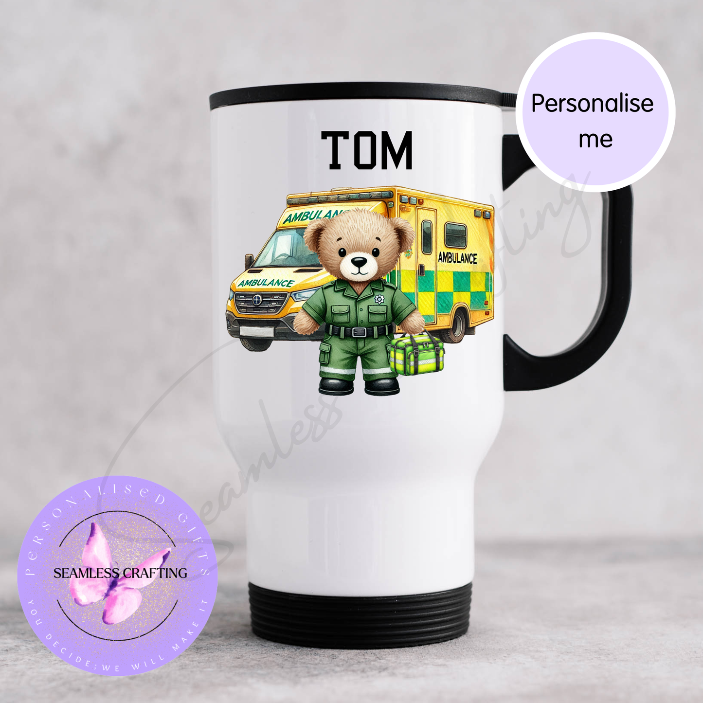 Personalised Paramedic Bear Mug or Travel Mug – Custom Name Ambulance Gift