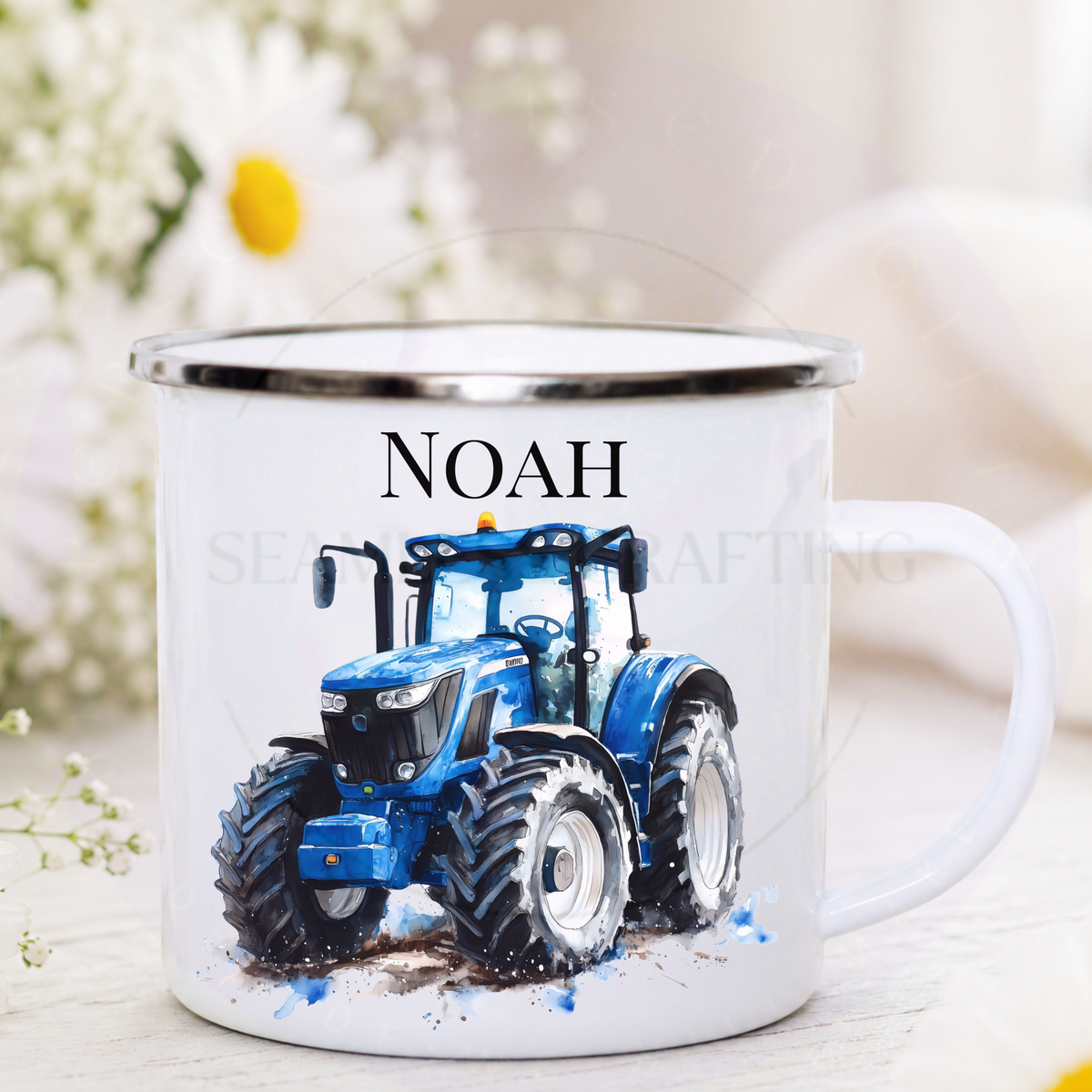 Personalised blue tractor enamel mug with custom name