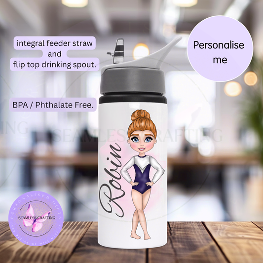 Personalised gymnastics bottle with Bella and a gymnast wearing a purple white and silver long-sleeved leotard