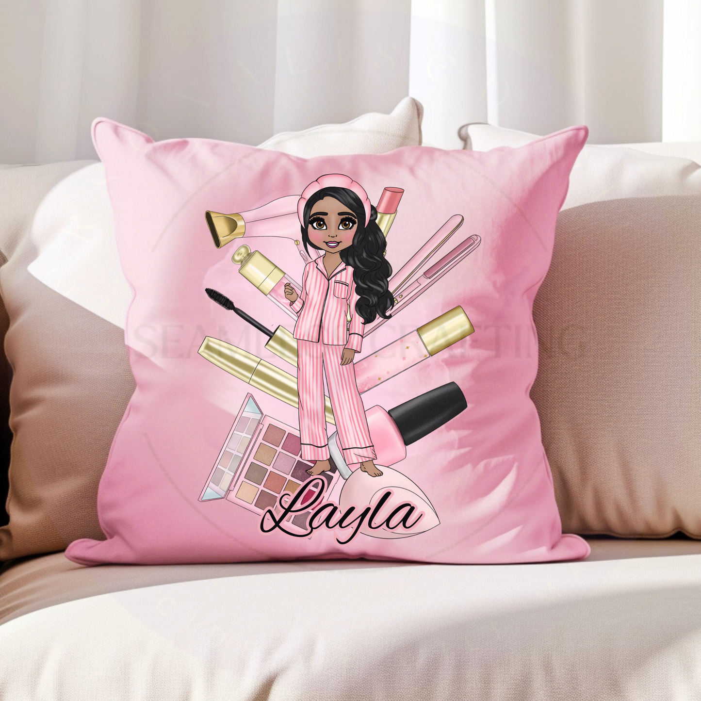 Pink cushion personalised with Layla and a custom dark-skinned beauty character with long black hair