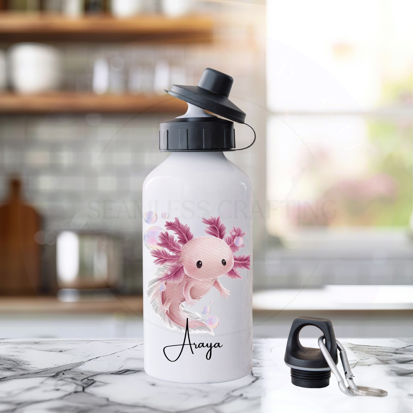 Custom name axolotl water bottle pink watercolour design children school drink bottle