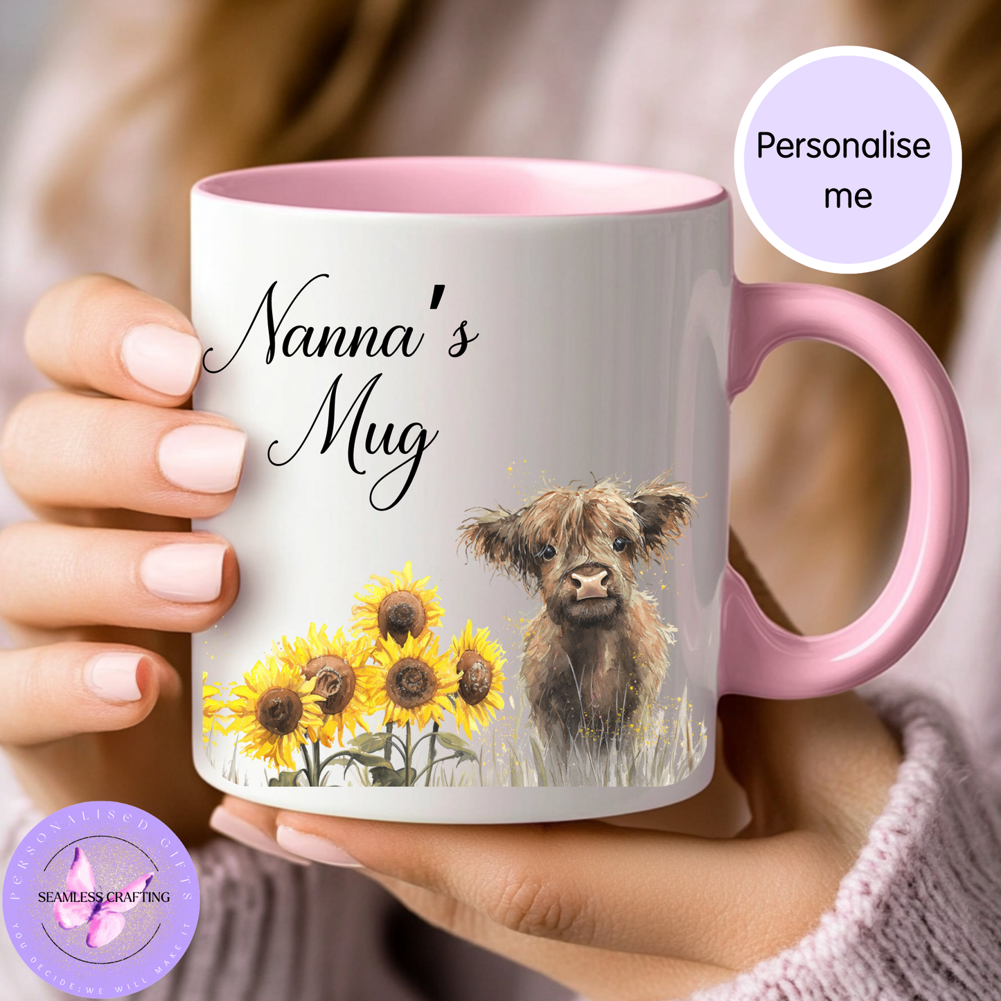 Personalised Highland Cow Mug – Custom Nanna/Nanny/Nan Gift – Sunflower Ceramic Mug (11oz)