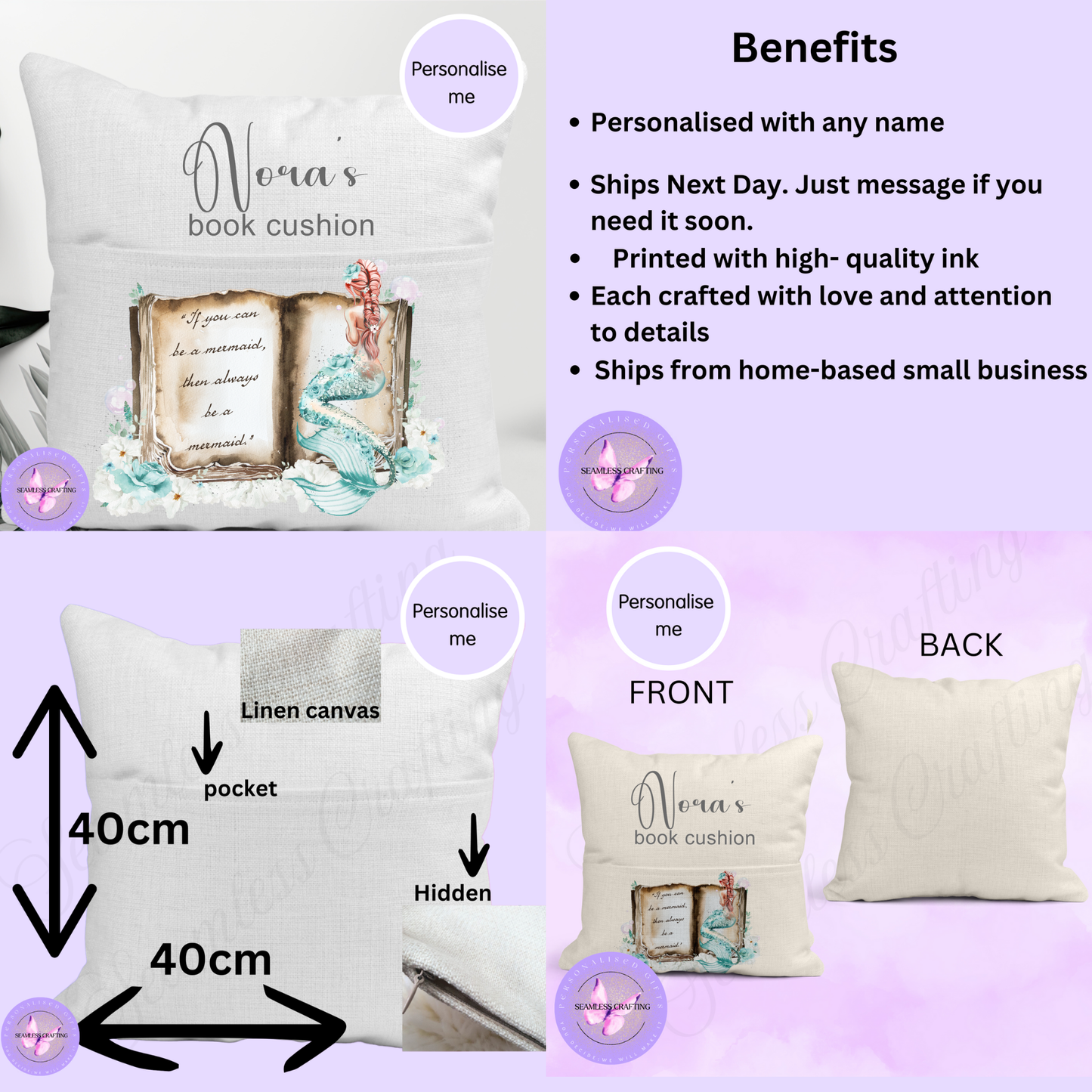 Personalised Mermaid Reading Pocket Cushion | Custom Name Book Cushion | Girls Bedroom Reading Gift | 40x40cm Linen Canvas Cushion