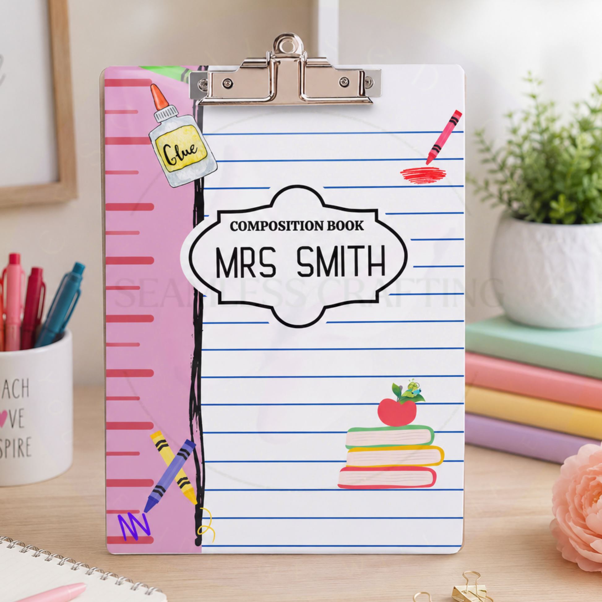 Personalized teacher clipboard with composition notebook design and teacher name Mrs Smith