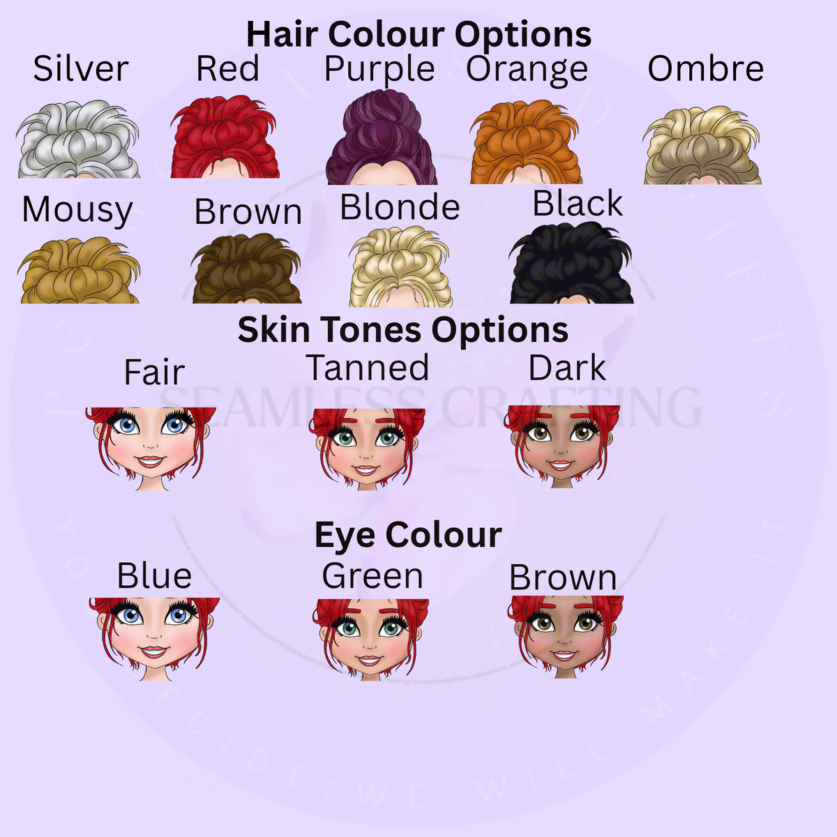 Lash tech character customisation chart showing hair colours, skin tones and eye colours