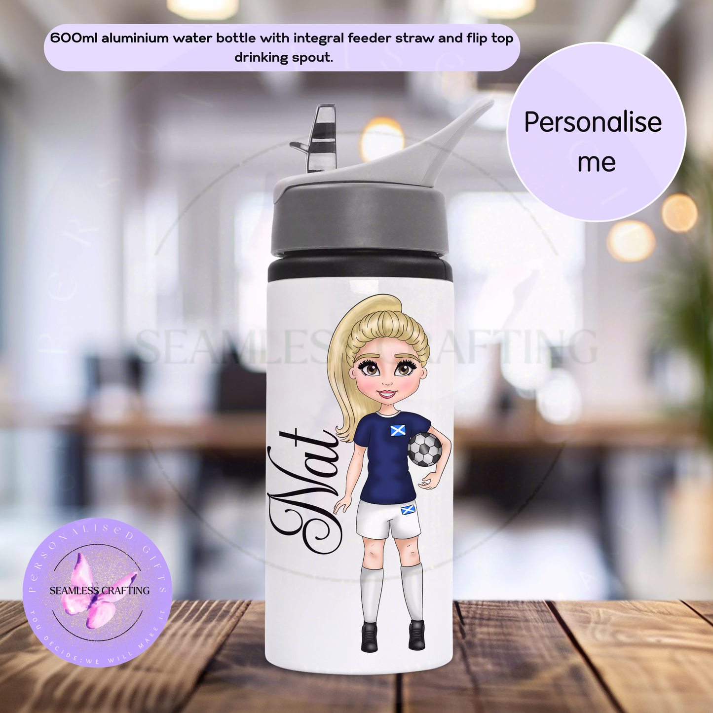 White 600ml personalised Scotland girls football water bottle with custom name Nat and flip top spout