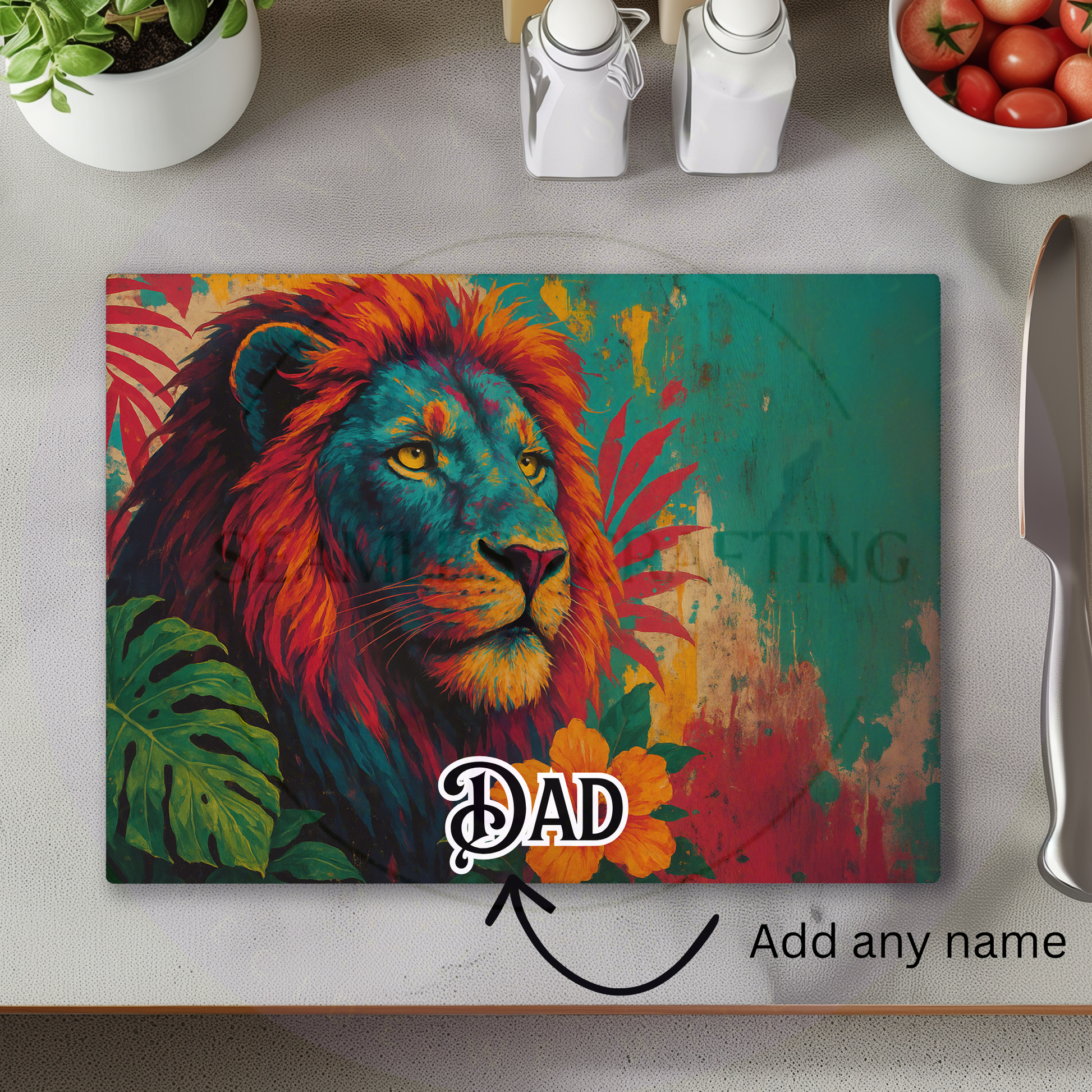 custom name lion chopping board gift for dad kitchen decor
