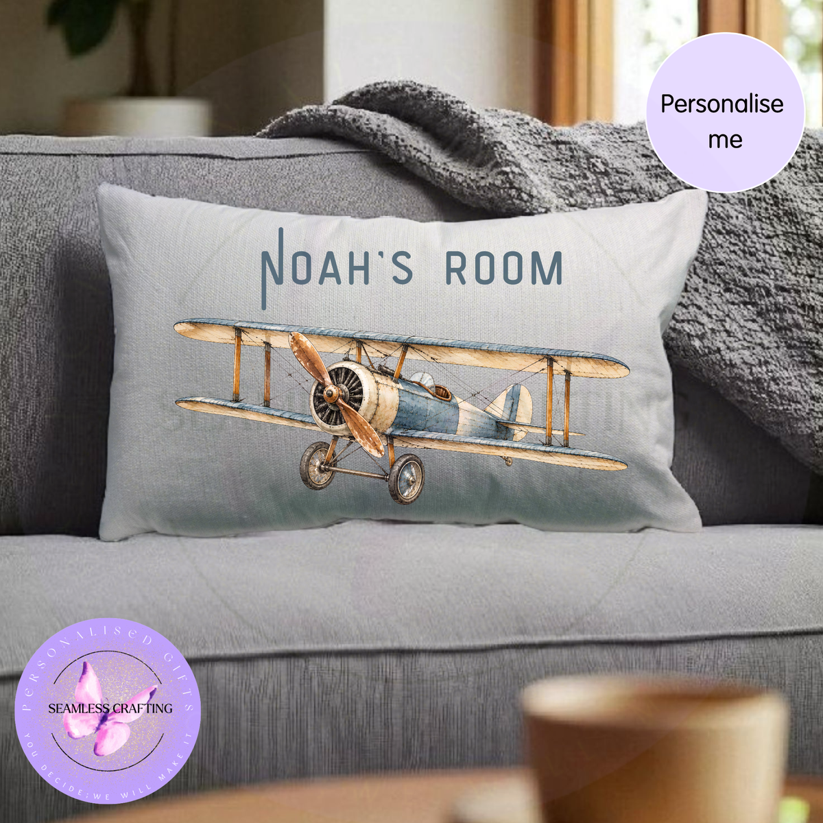 Personalised blue vintage biplane cushion for aviation lover with custom name