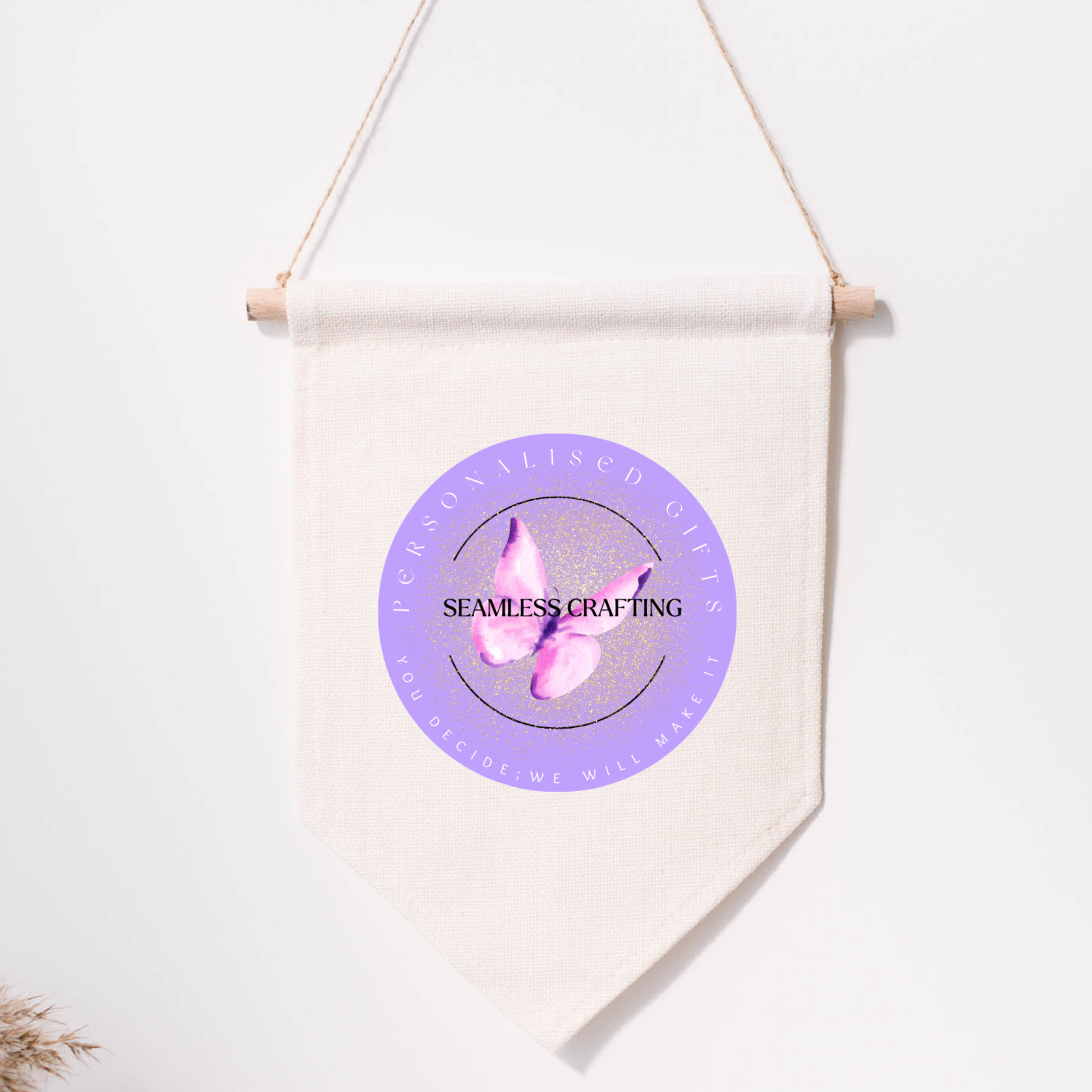 Personalised logo wall banner displayed flat on rustic wooden surface