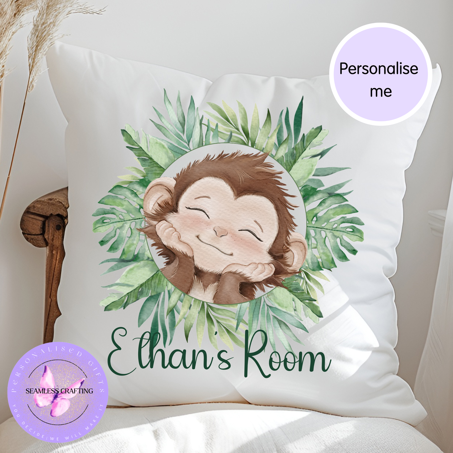 Personalised Jungle Animal Cushion – Custom Name Nursery Pillow – Elephant, Lion, Monkey – Kids Bedroom Decor 40×40cm