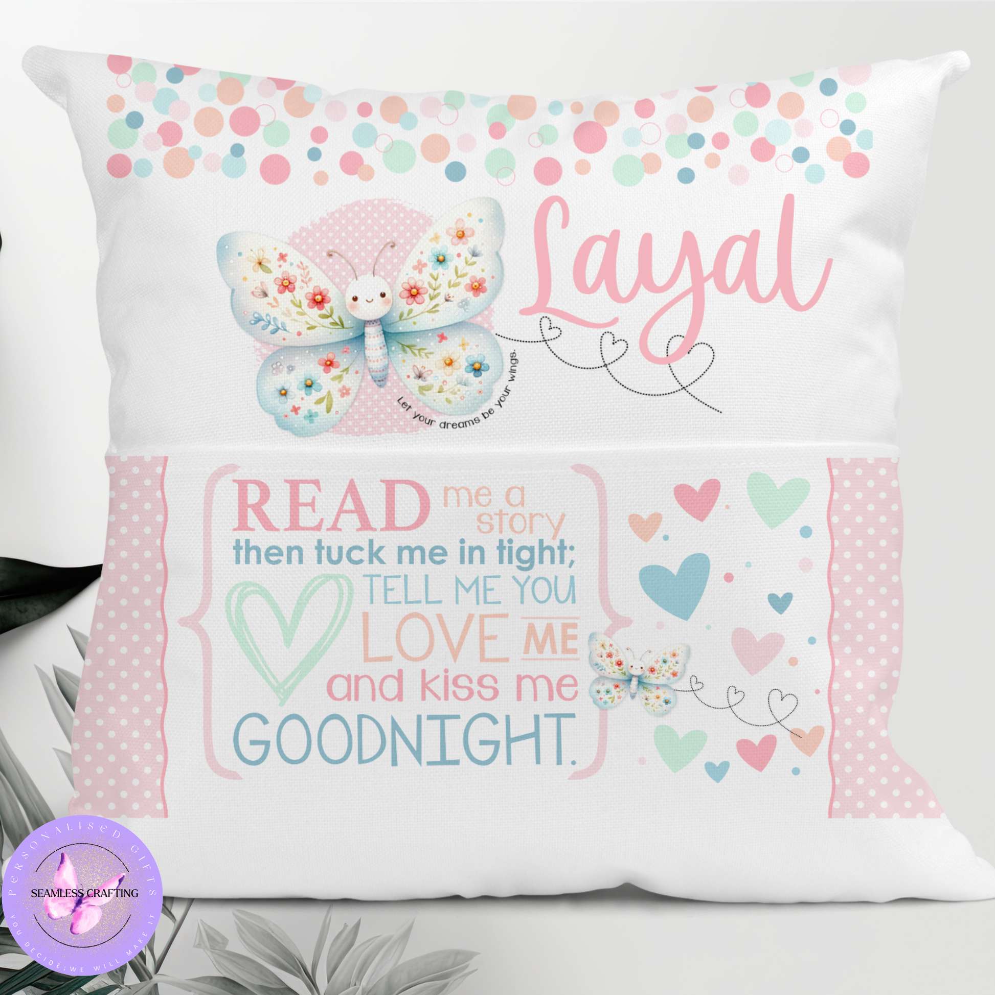 Personalised butterfly reading cushion with name and pocket, pastel children’s pillow 40cm