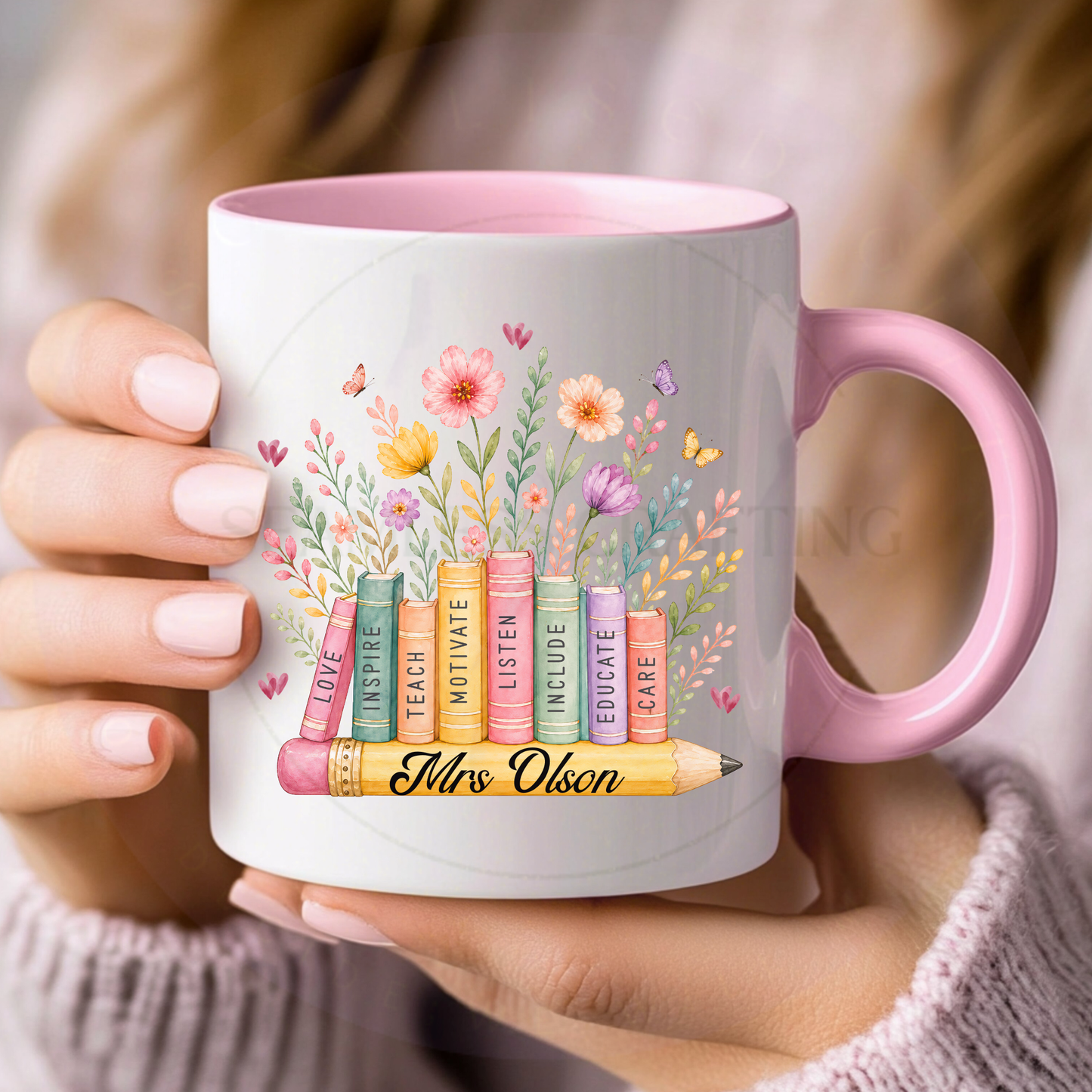 Custom teacher appreciation mug with pastel books, flowers and pencil illustration, personalised with Mrs Olson