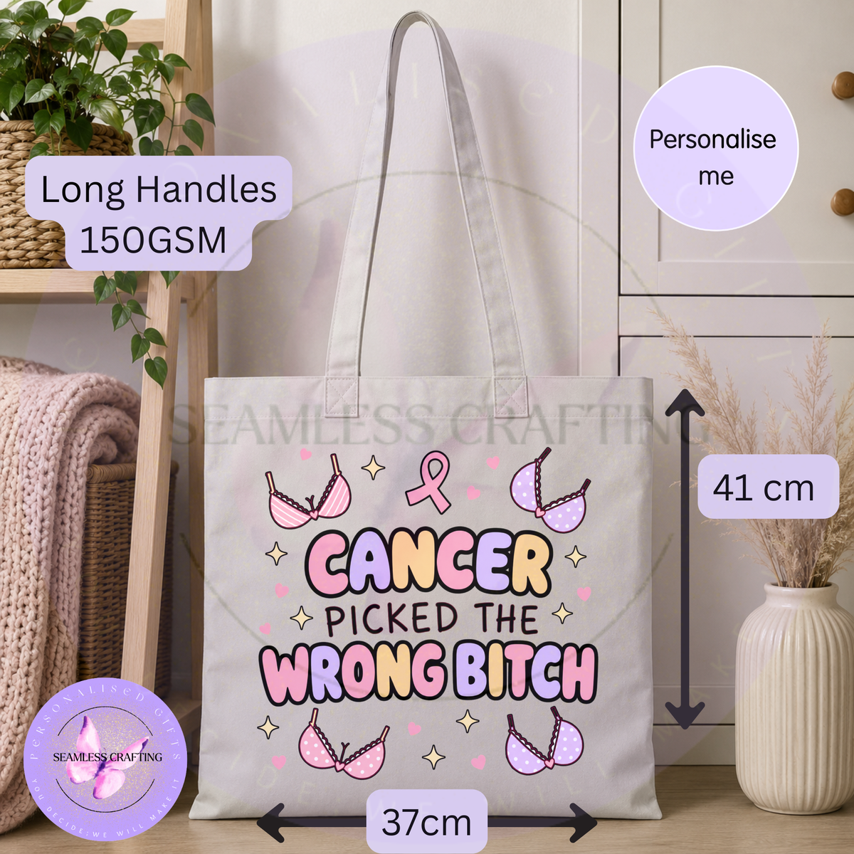 Personalised breast cancer tote bag measuring 41 by 37 cm with long handles and 150 GSM fabric