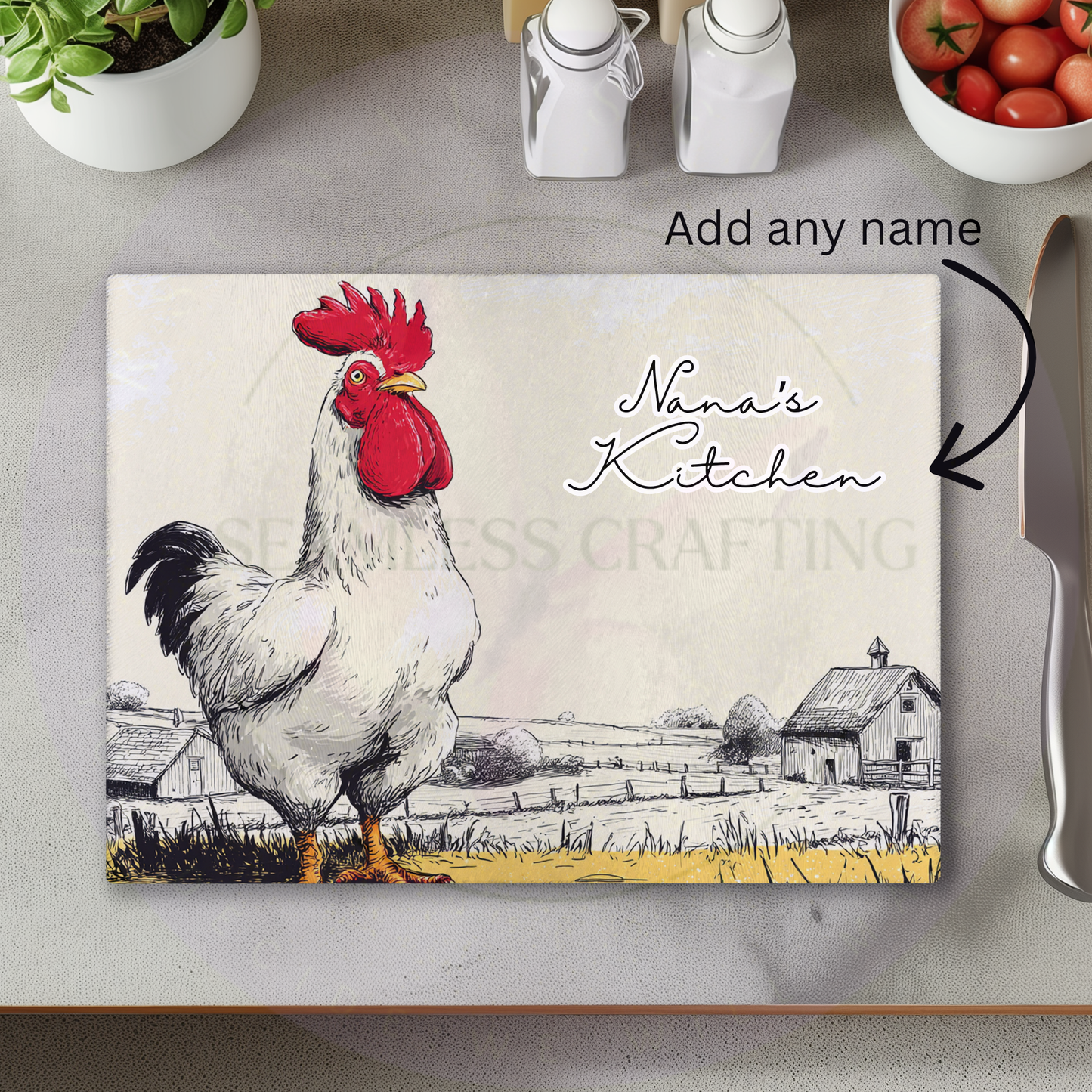 farmhouse chicken glass chopping board with name country kitchen worktop saver
