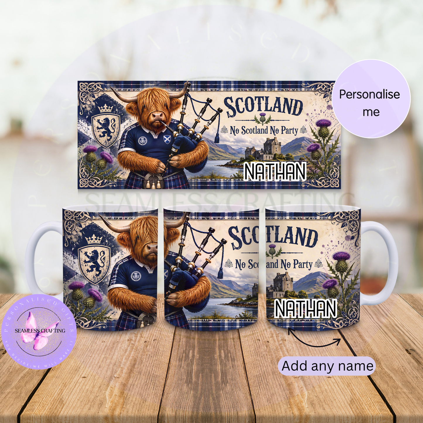 Scotland football mug with personalised name and Highland cow design
