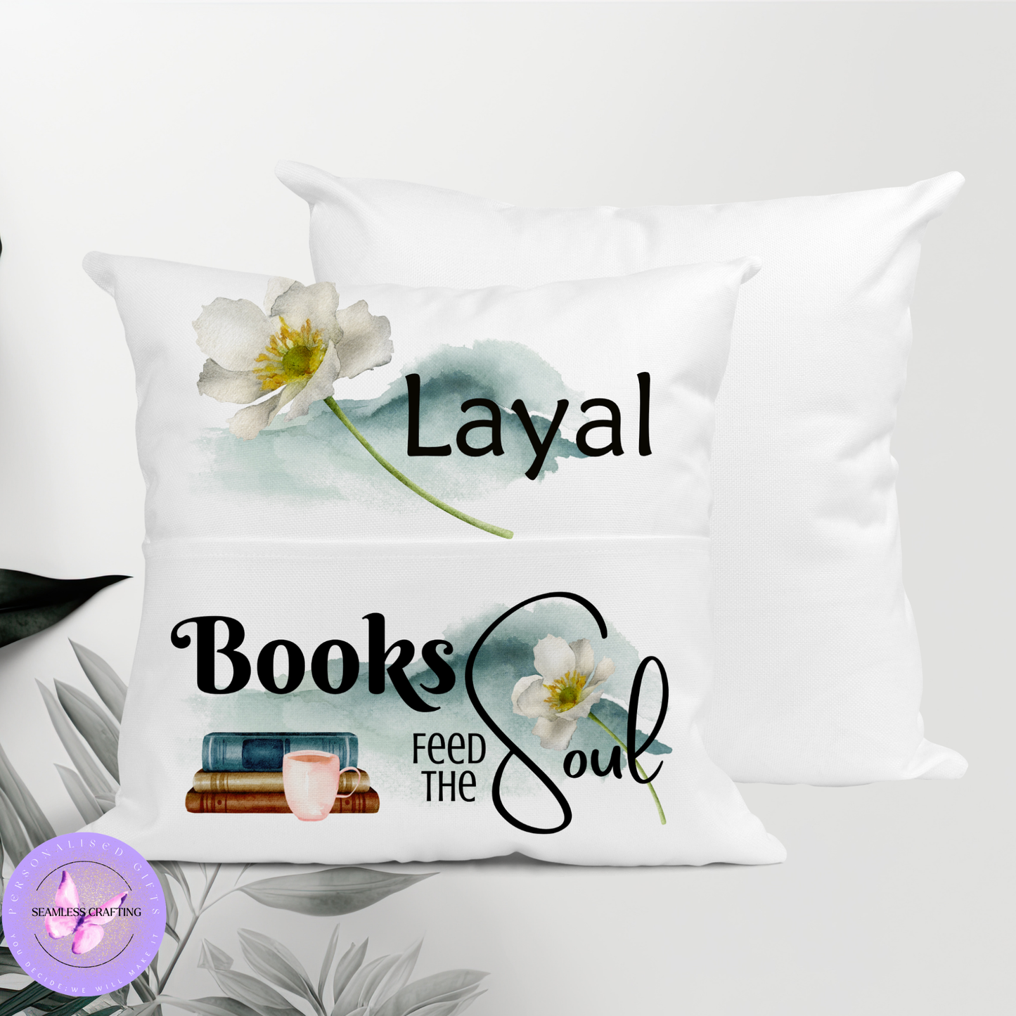 Personalised “Books Feed the Soul” Reading Cushion – Custom Name Book Lover Pillow with Pocket | Floral Literary Gift (40cm)