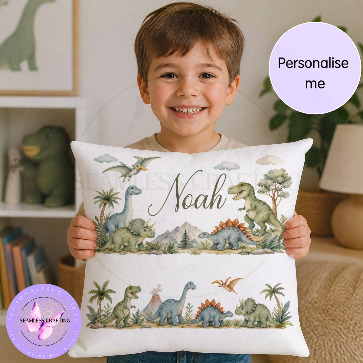 Boy holding personalised dinosaur reading cushion with book pocket and name