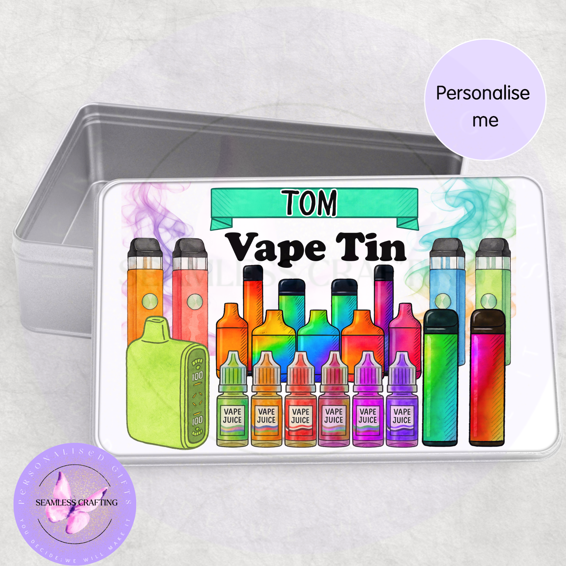 Custom vape tin personalised with any name, vape storage box with colourful vape design, gift for him vape accessories organiser