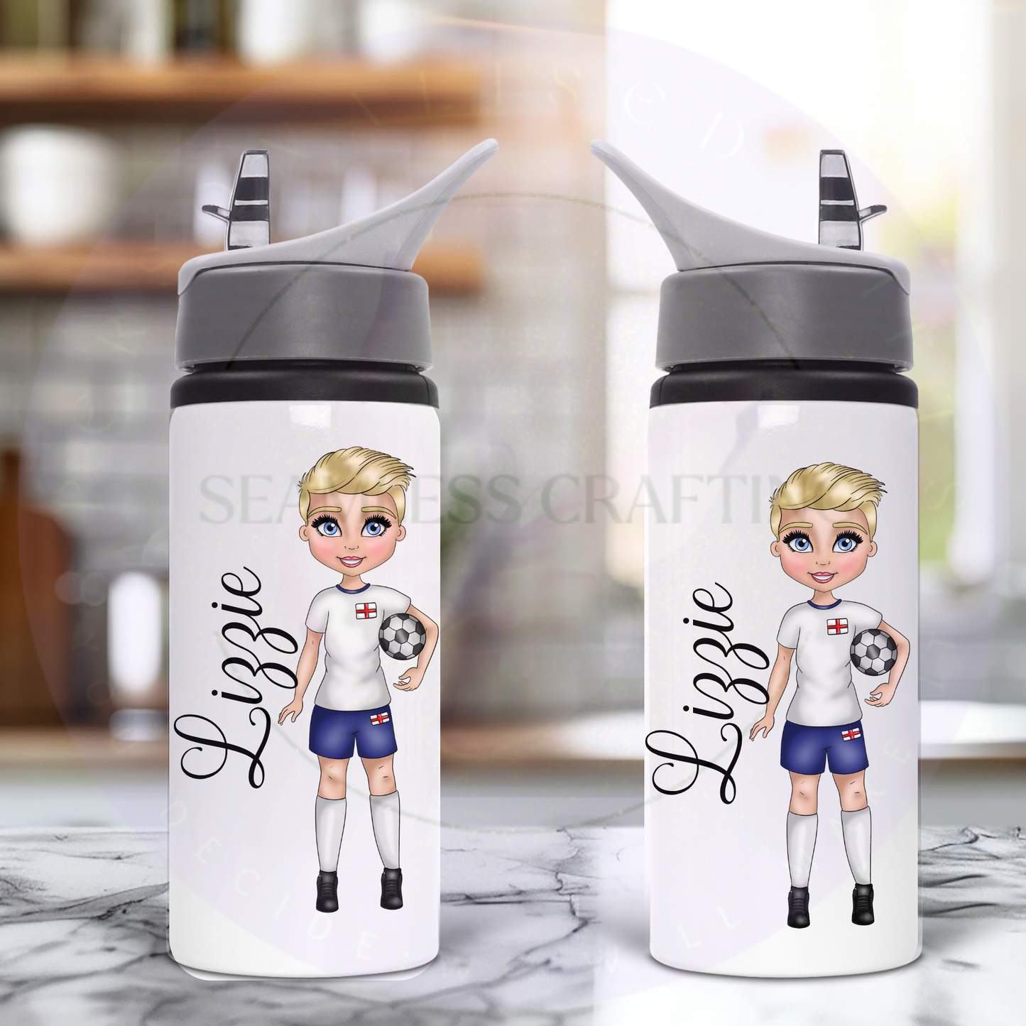 England girls sports water bottle with personalised name and custom hair, skin and eye choices