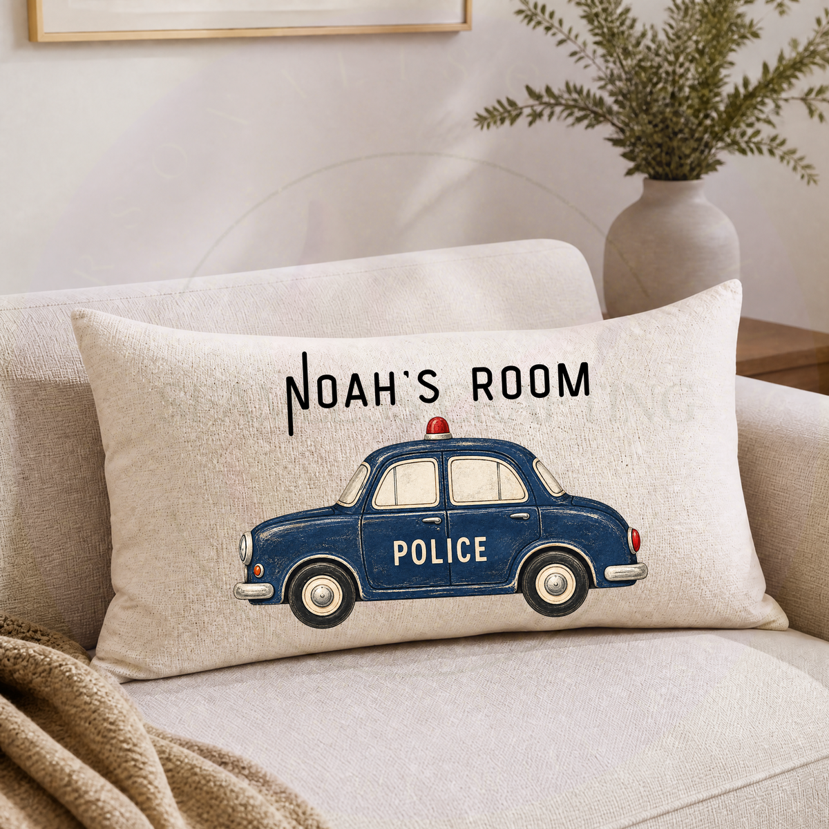 Personalised vintage blue police car cushion with child's name for kids bedroom