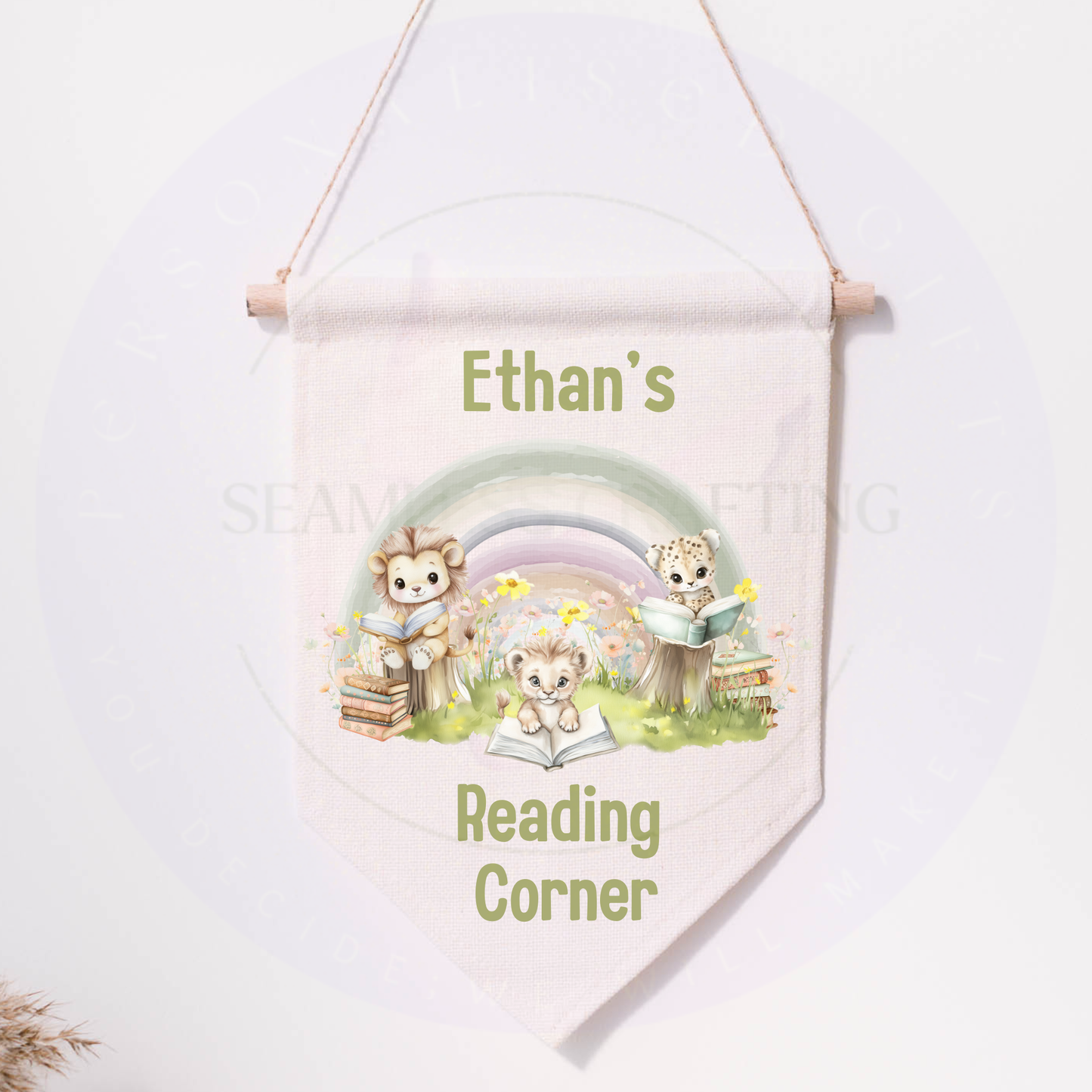 Personalised safari reading corner banner with custom name for kids nursery