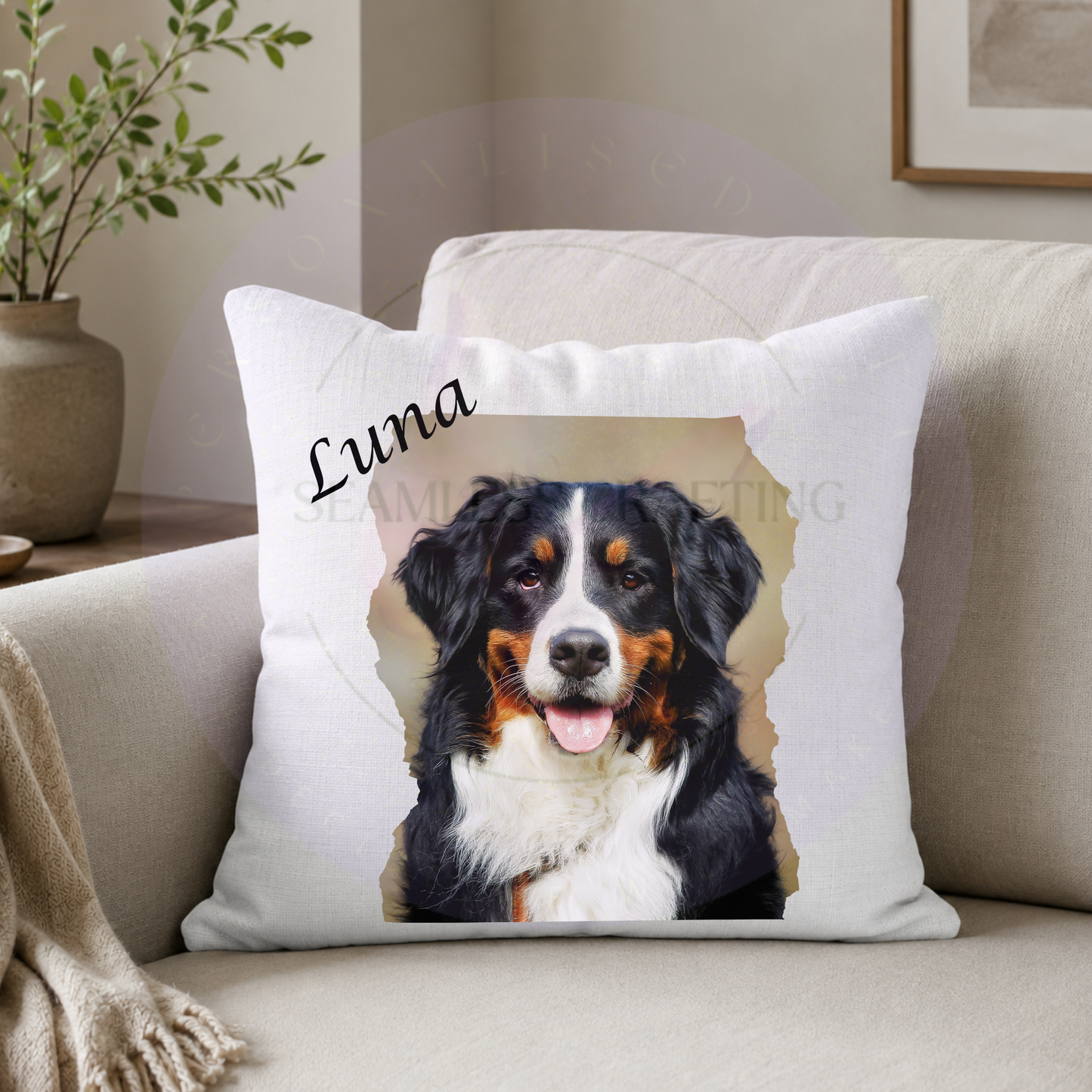 Custom dog photo pillow displayed on a sofa with personalised pet image and text