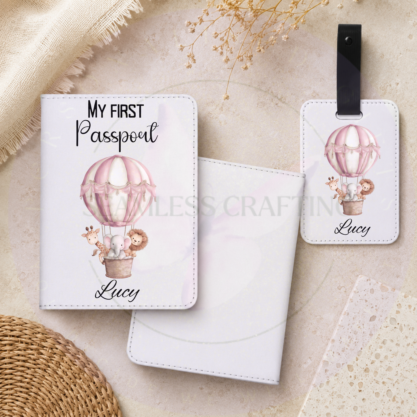Personalised kids passport cover and luggage tag with pink hot air balloon and safari animals