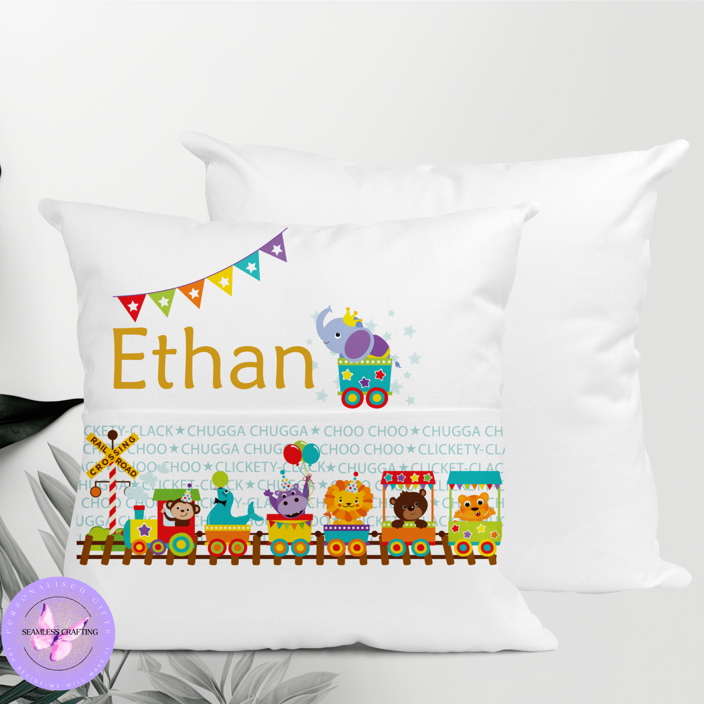 Personalised Animal Train Reading Cushion – Custom Name Book Pocket Pillow | Jungle Safari Kids Gift (40cm)