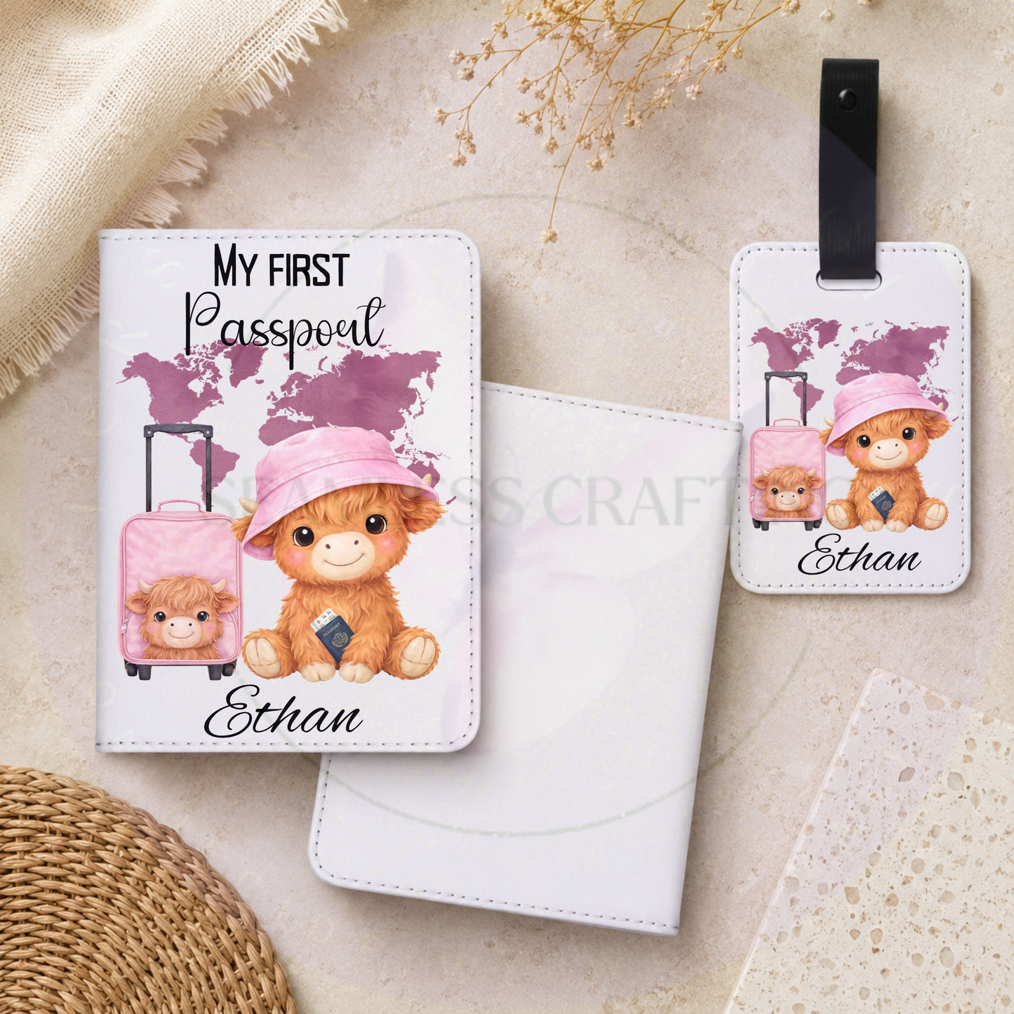 Personalised first passport cover and matching luggage tag with Ethan and a pink Highland cow travel design