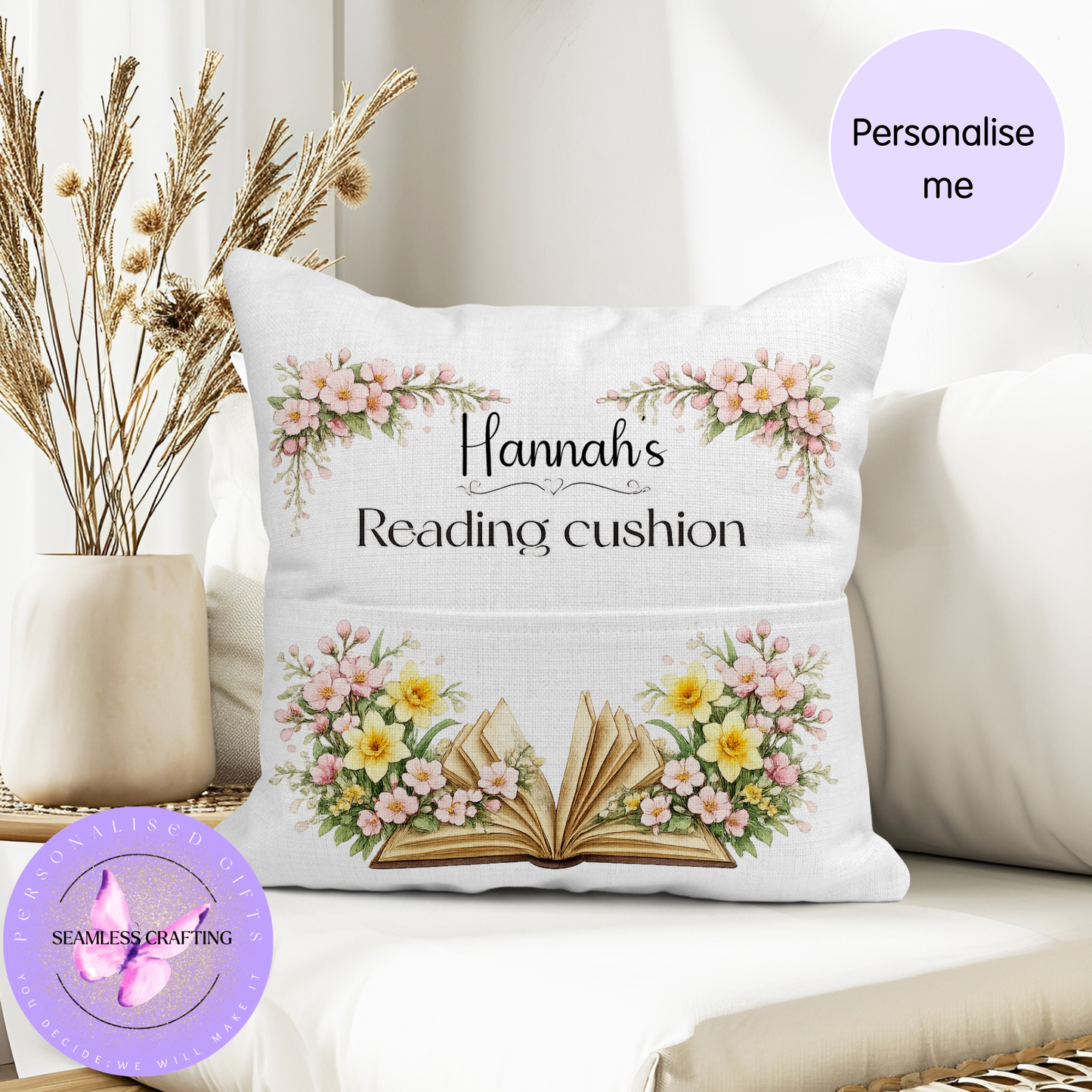 Personalised Birth Flower Reading Cushion with Pocket – Custom Name Book Pillow, Birth Month Flower Gift, Book Lover Cushion for Kids or Adults
