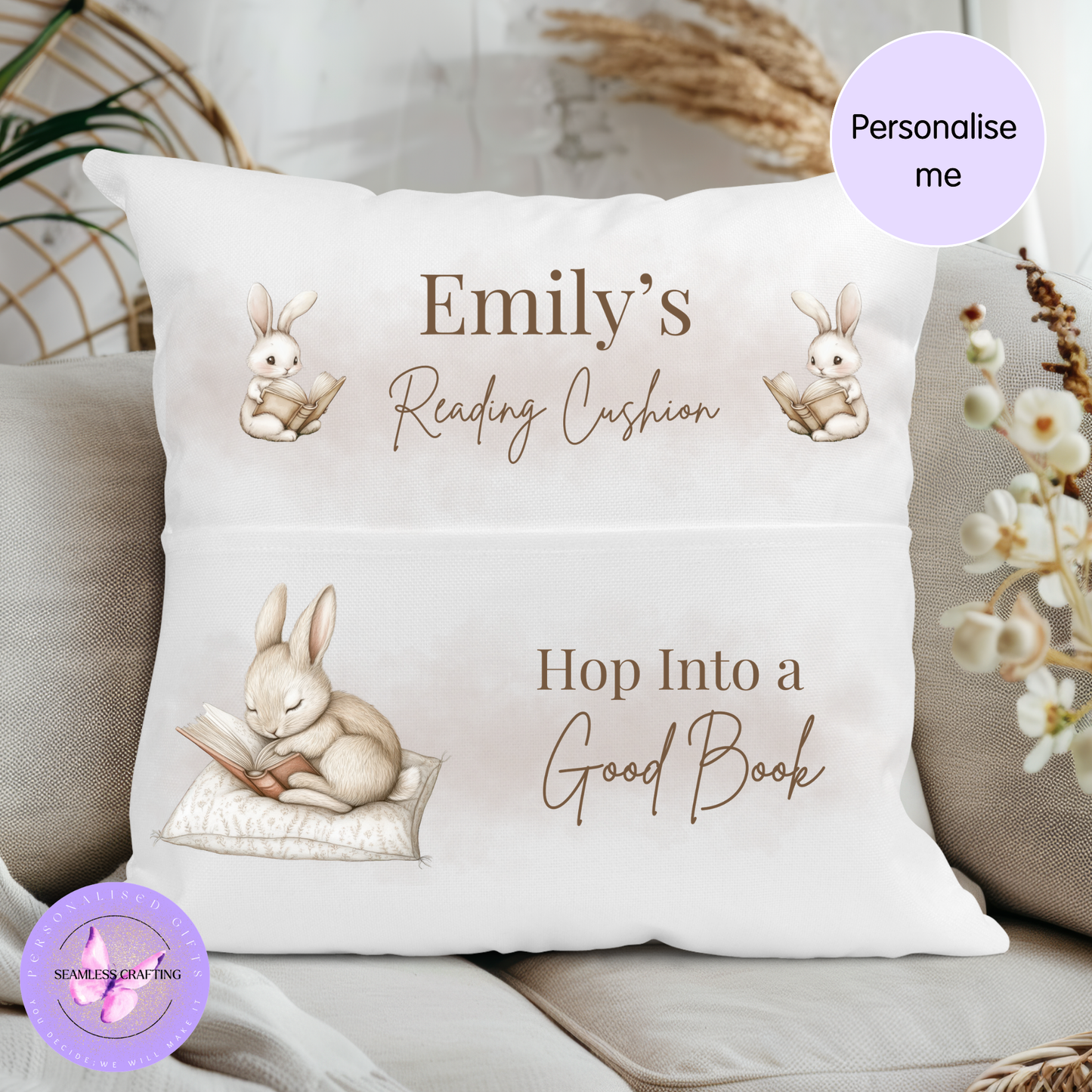 Personalised Bunny Reading Cushion with Pocket – Children’s Book Pillow Gift UK – Hop Into a Good Book
