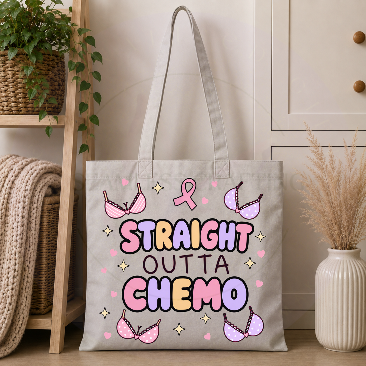 Straight Outta Chemo long-handle tote bag with pink ribbon and pastel lettering