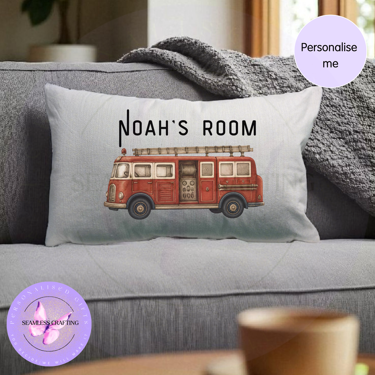 Personalised Vintage Fire Engine Cushion – Kids, adults Bedroom 50 x 30cm