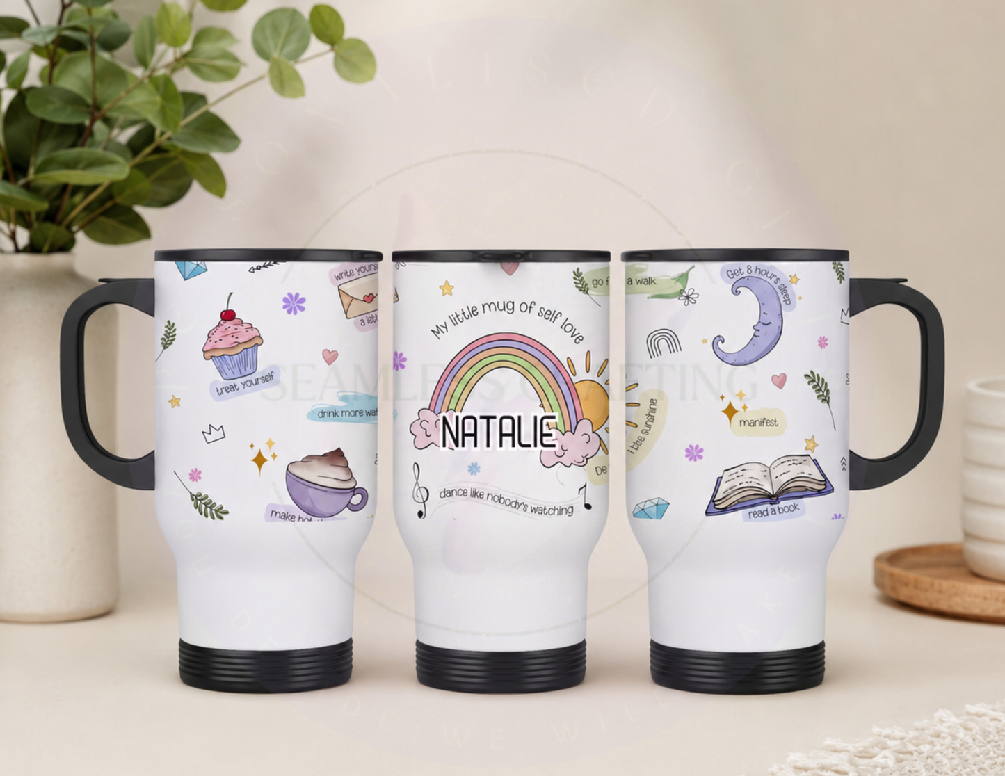 Personalised 14oz stainless steel travel mug with self love rainbow design and custom name Natalie