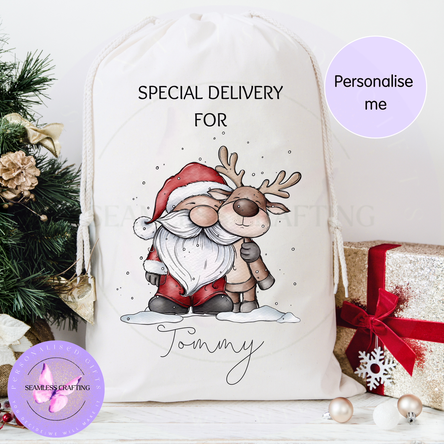 Small personalised Santa gnome sack with Christmas presents and tree