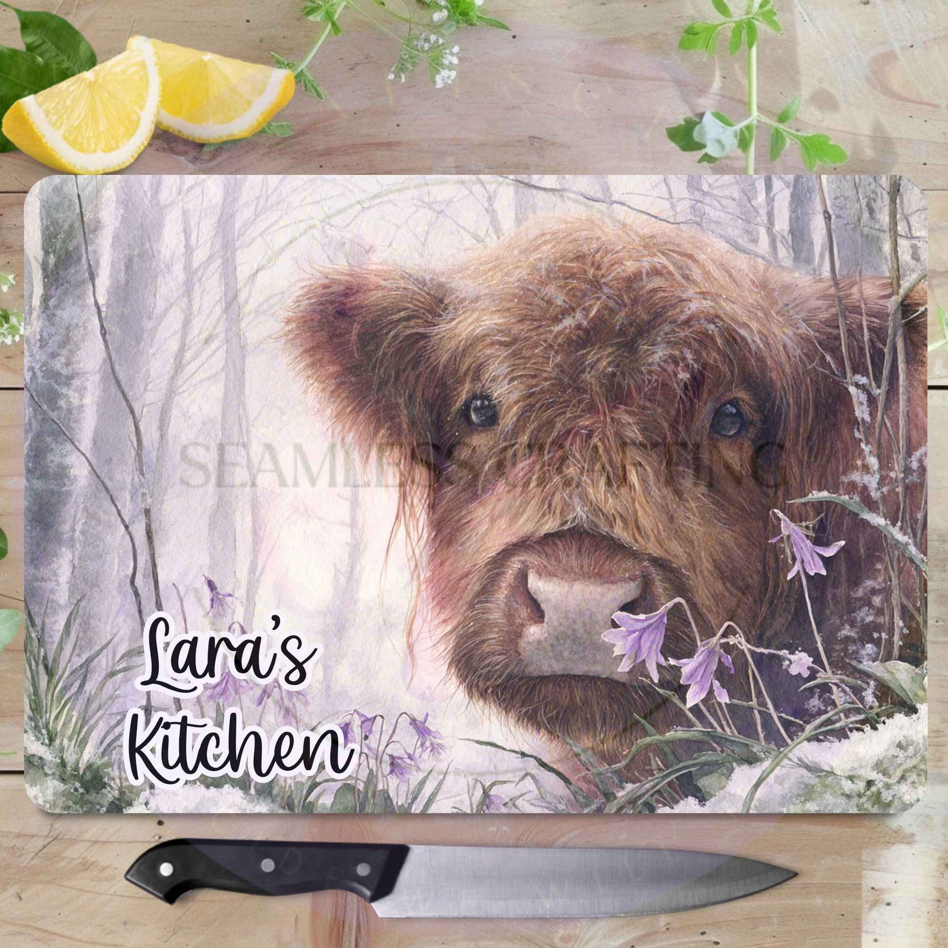 rustic highland cow worktop saver personalised gift
