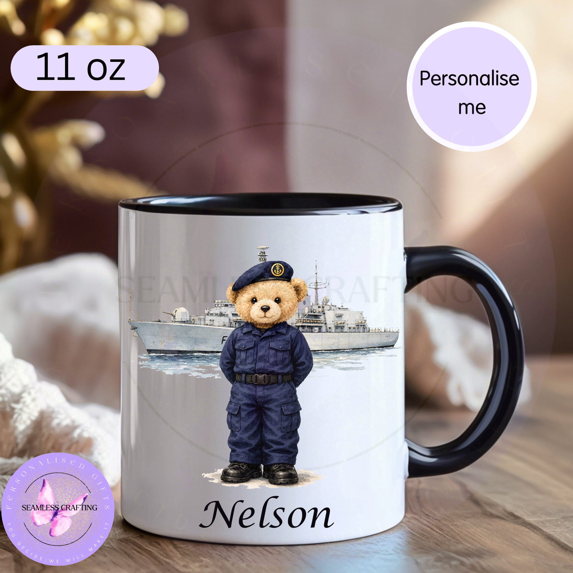 Personalised Royal Navy bear mug with destroyer ship background and custom name on 11 oz black handle ceramic mug