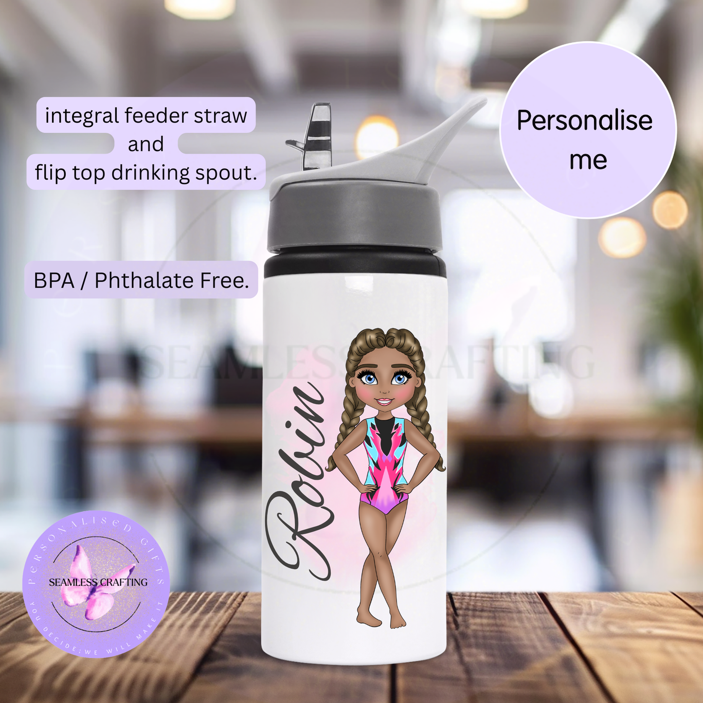 Personalised flip-top gymnastics bottle with Robin and a hot pink turquoise black and purple leotard