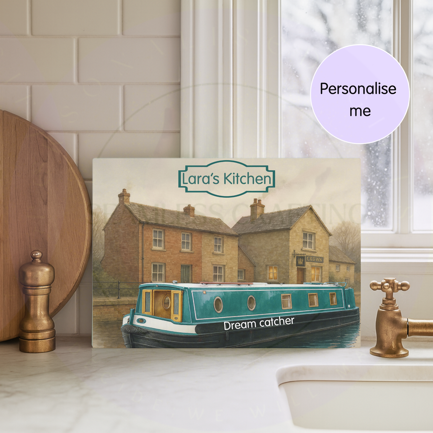 Personalised green narrowboat chopping board displayed in kitchen