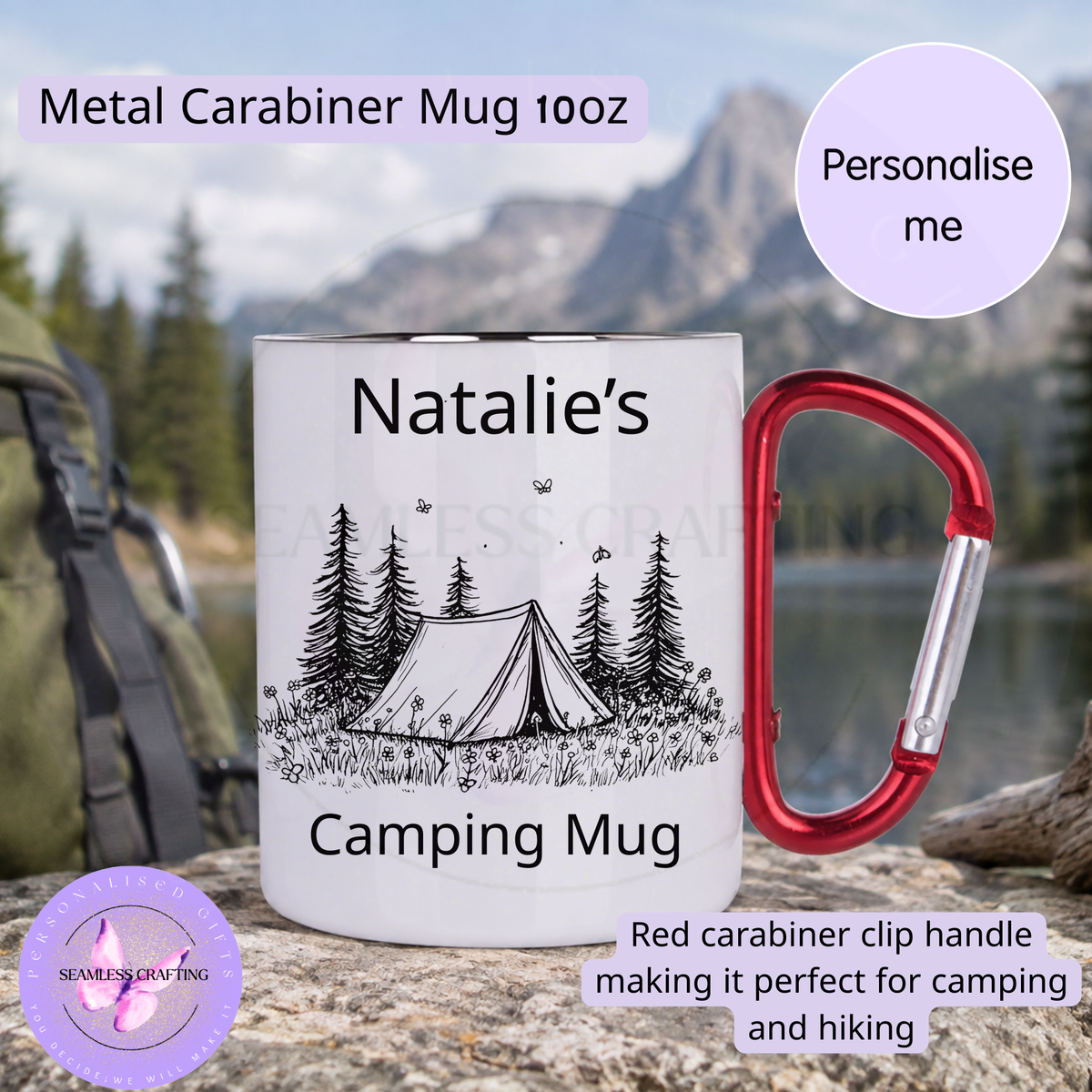 Personalised Camping Mug – 10oz Carabiner or 12oz Enamel Mug