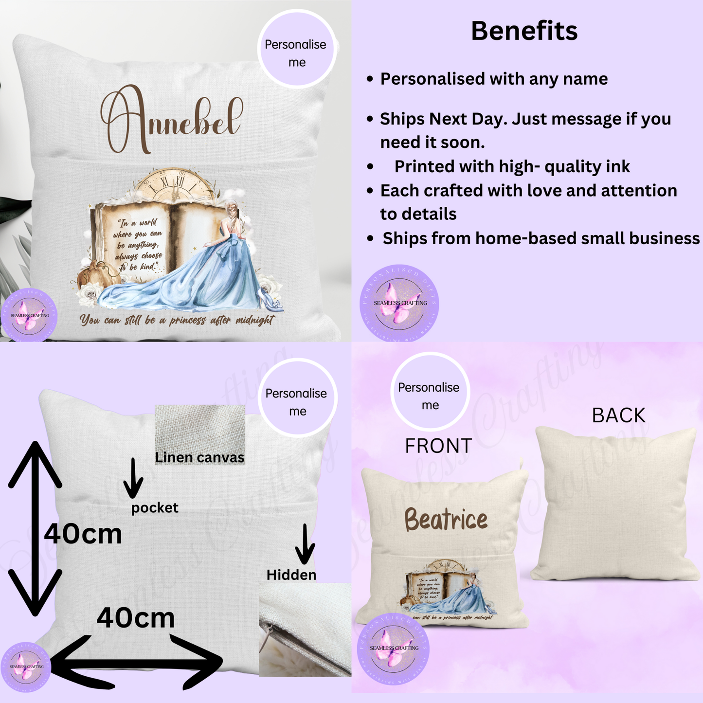 Personalised Princess Reading Pocket Cushion | Custom Name Book Cushion | Girls Bedroom & Reading Gift | 40x40cm Linen Canvas Cushion