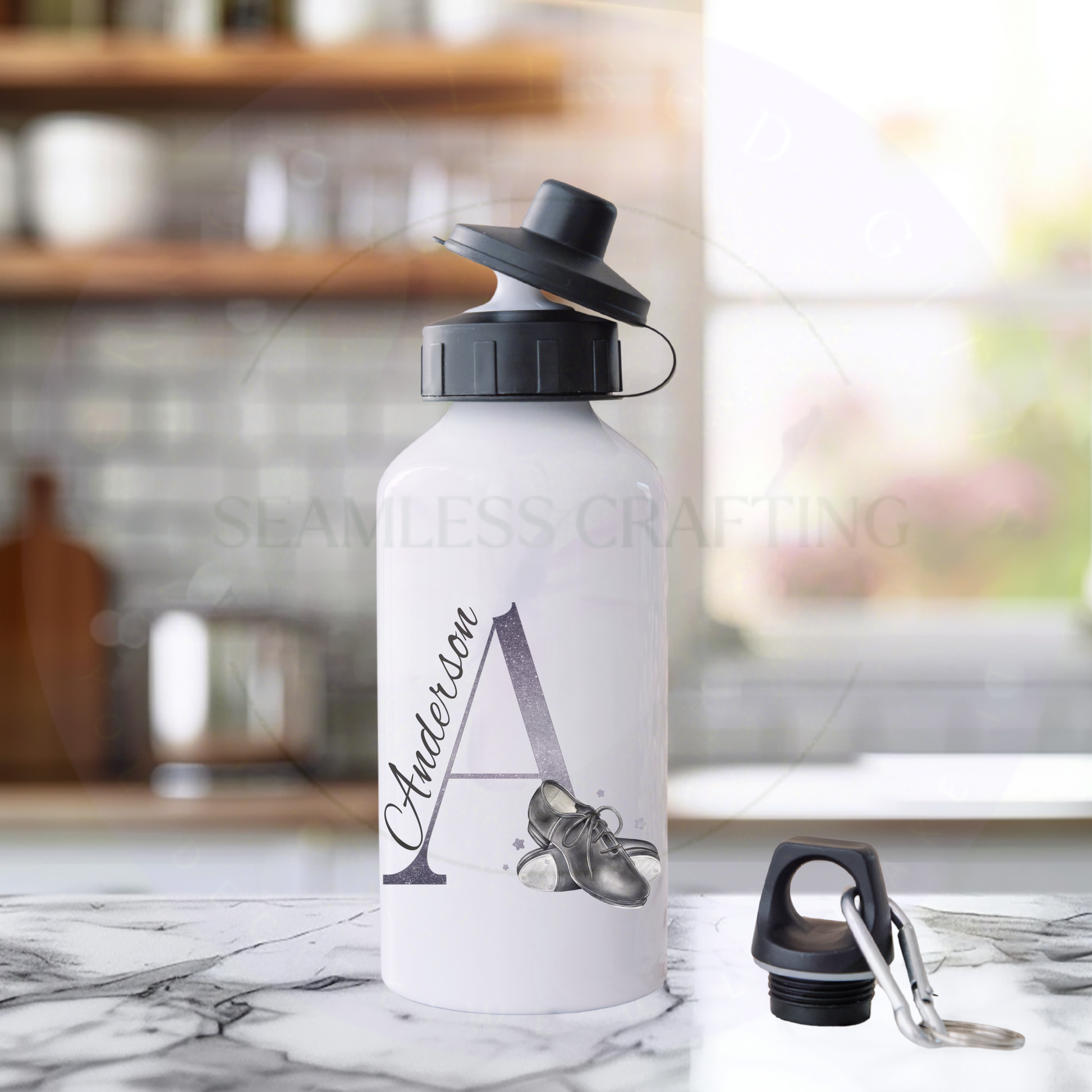 Custom initial A dance water bottle personalised with name Cameron tap shoes